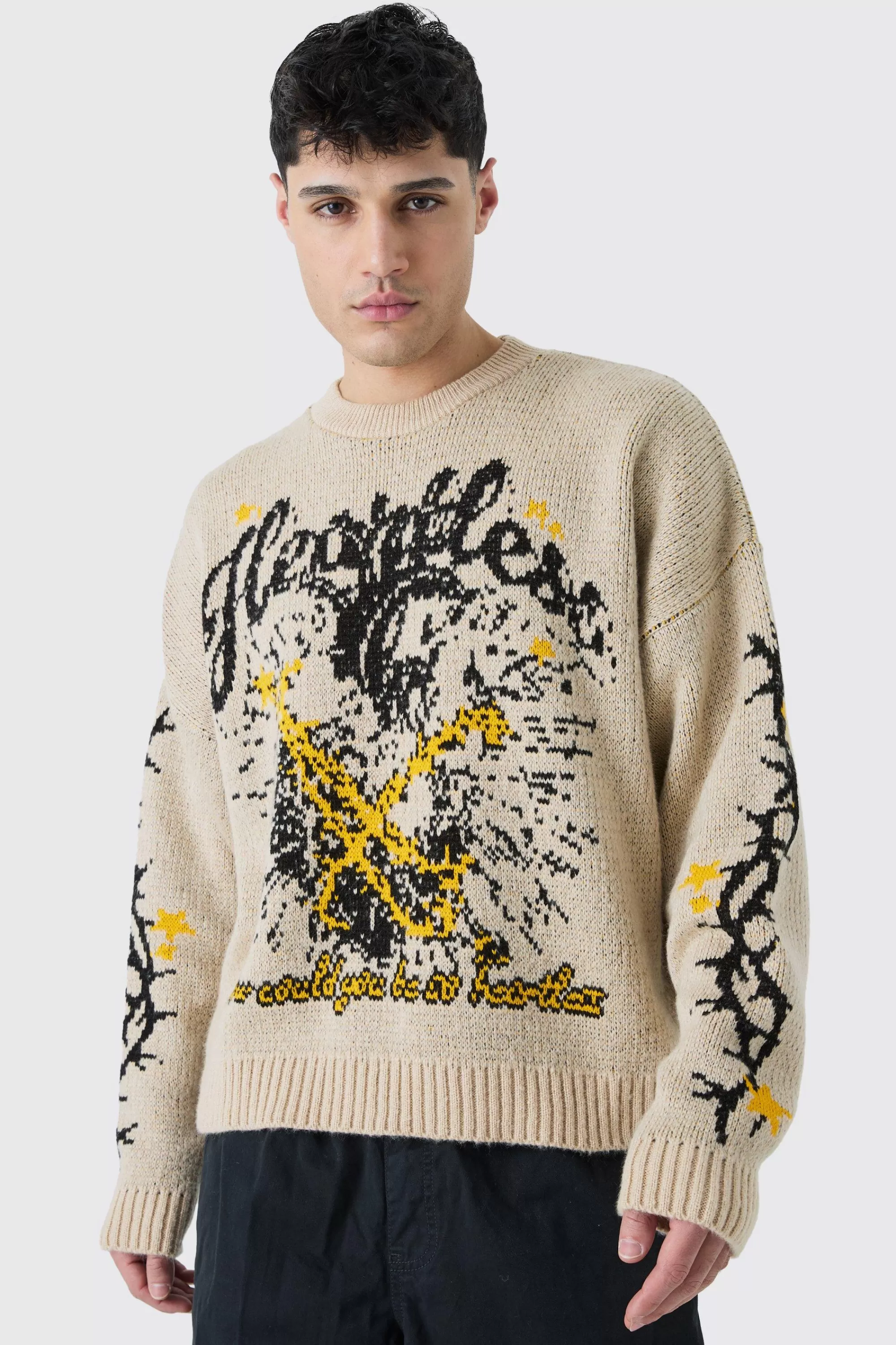 boohooMAN Oversized Boxy Brushed Graphic Knitted Jumper | UK