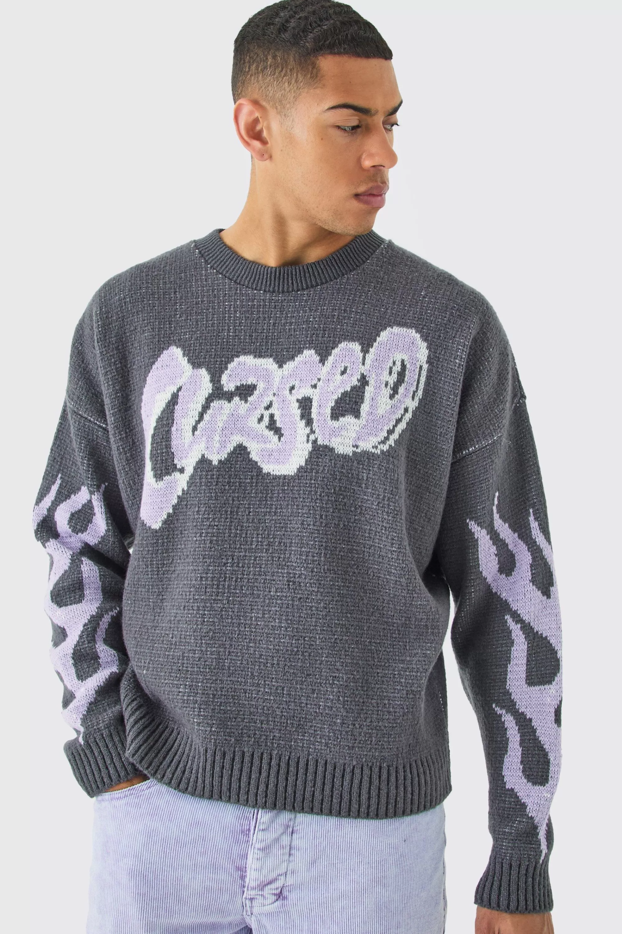 boohooMAN Oversized Boxy Brushed Graphic Knitted Jumper | UK