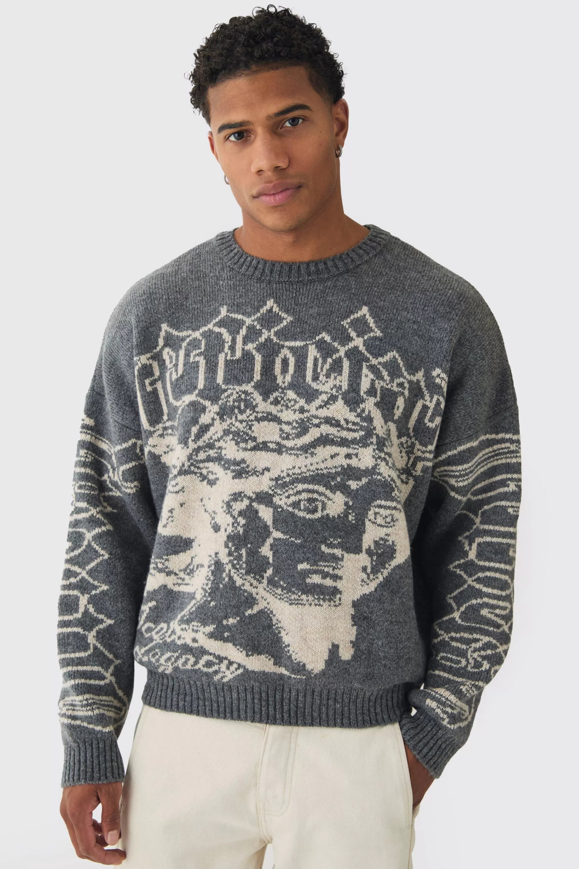 boohooMAN Oversized Boxy Brushed Mono Renaissance Knitted Jumper | UK