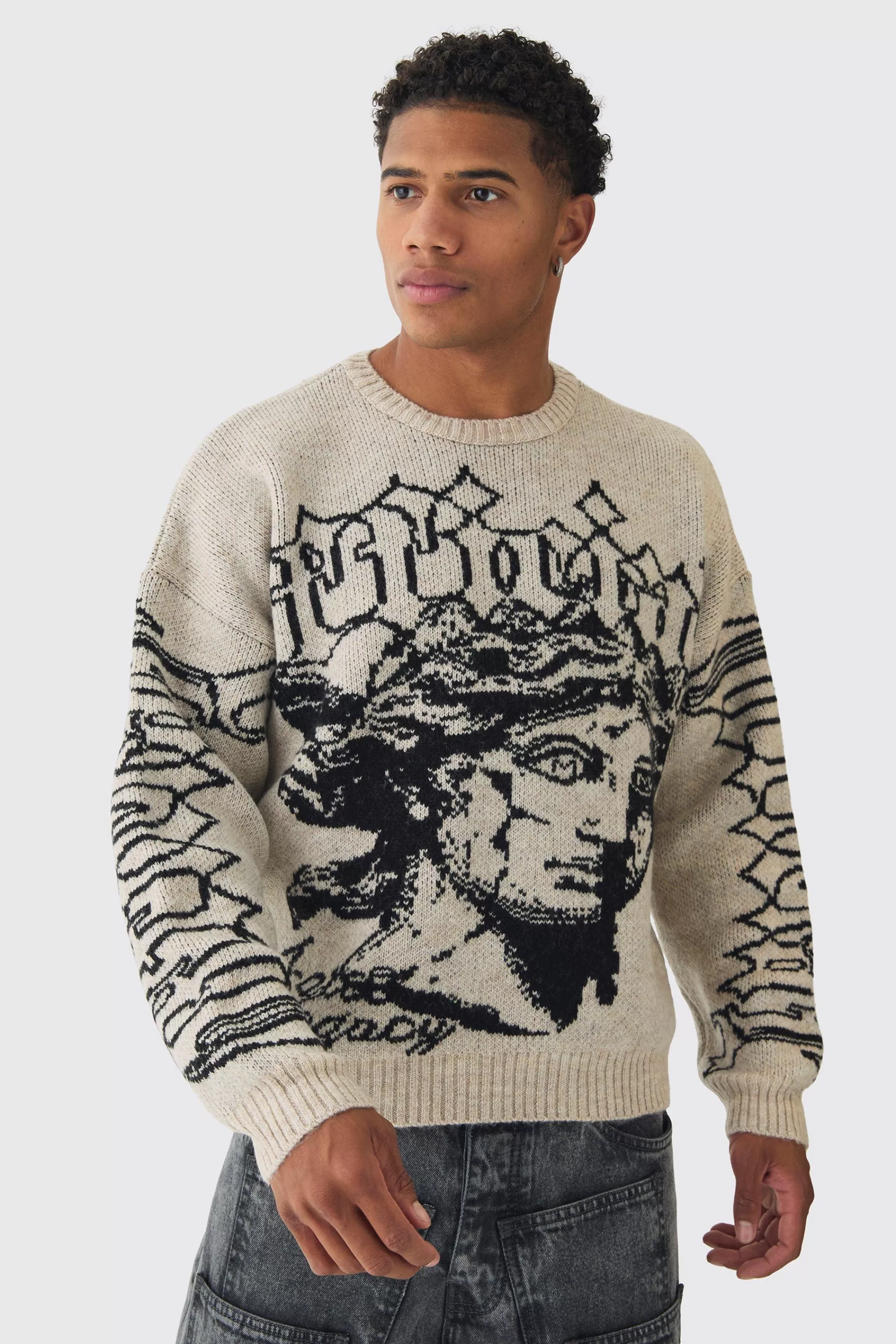 boohooMAN Oversized Boxy Brushed Mono Renneissance Knitted Jumper | UK