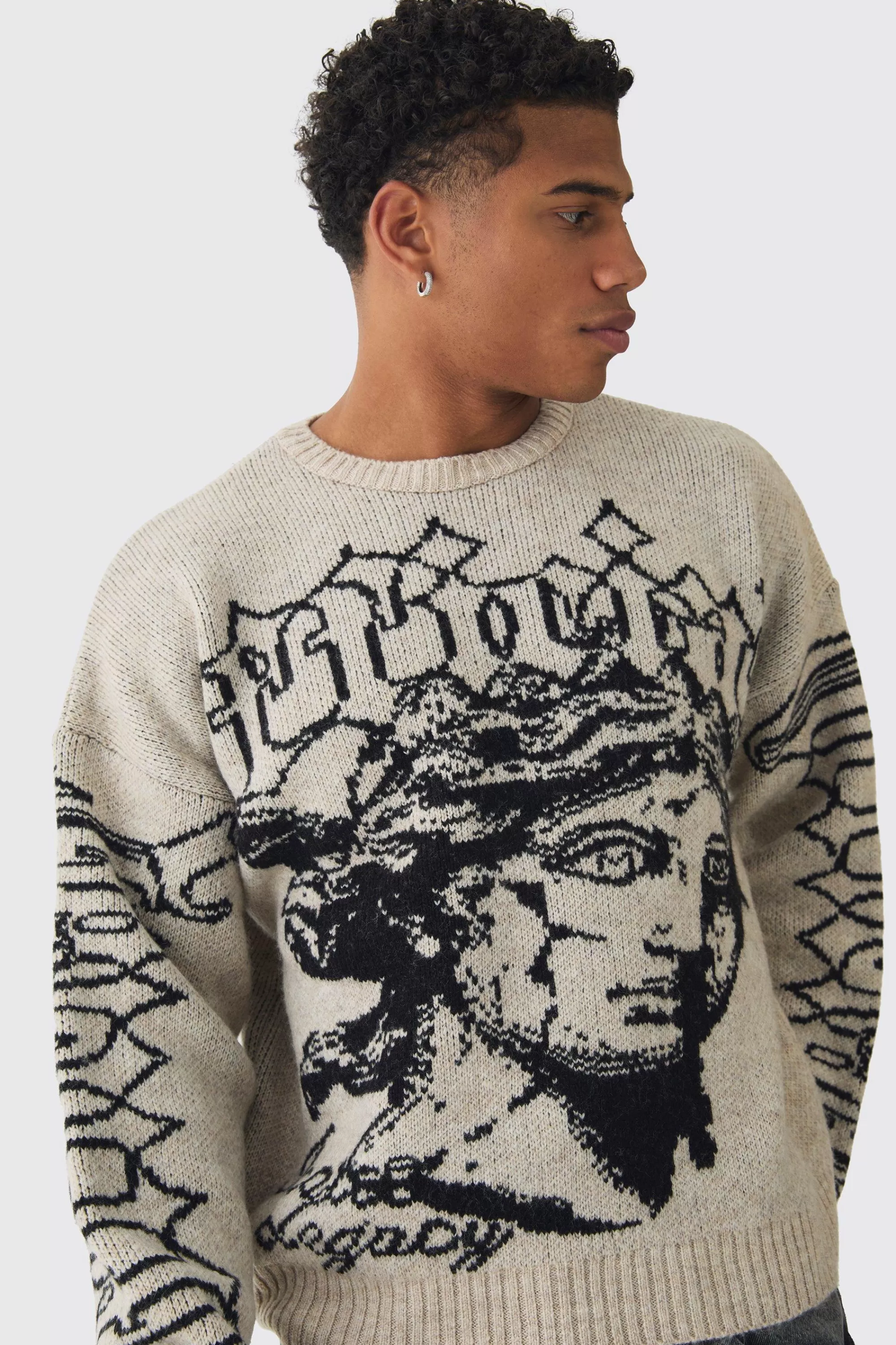 boohooMAN Oversized Boxy Brushed Mono Renneissance Knitted Jumper | UK