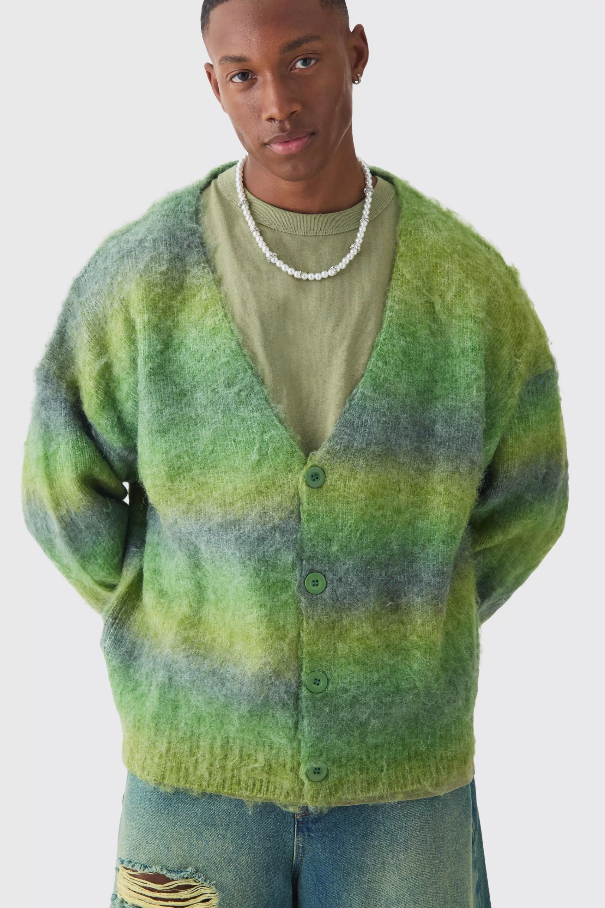boohooMAN Oversized Boxy Brushed Stripe Knitted Cardigan | UK
