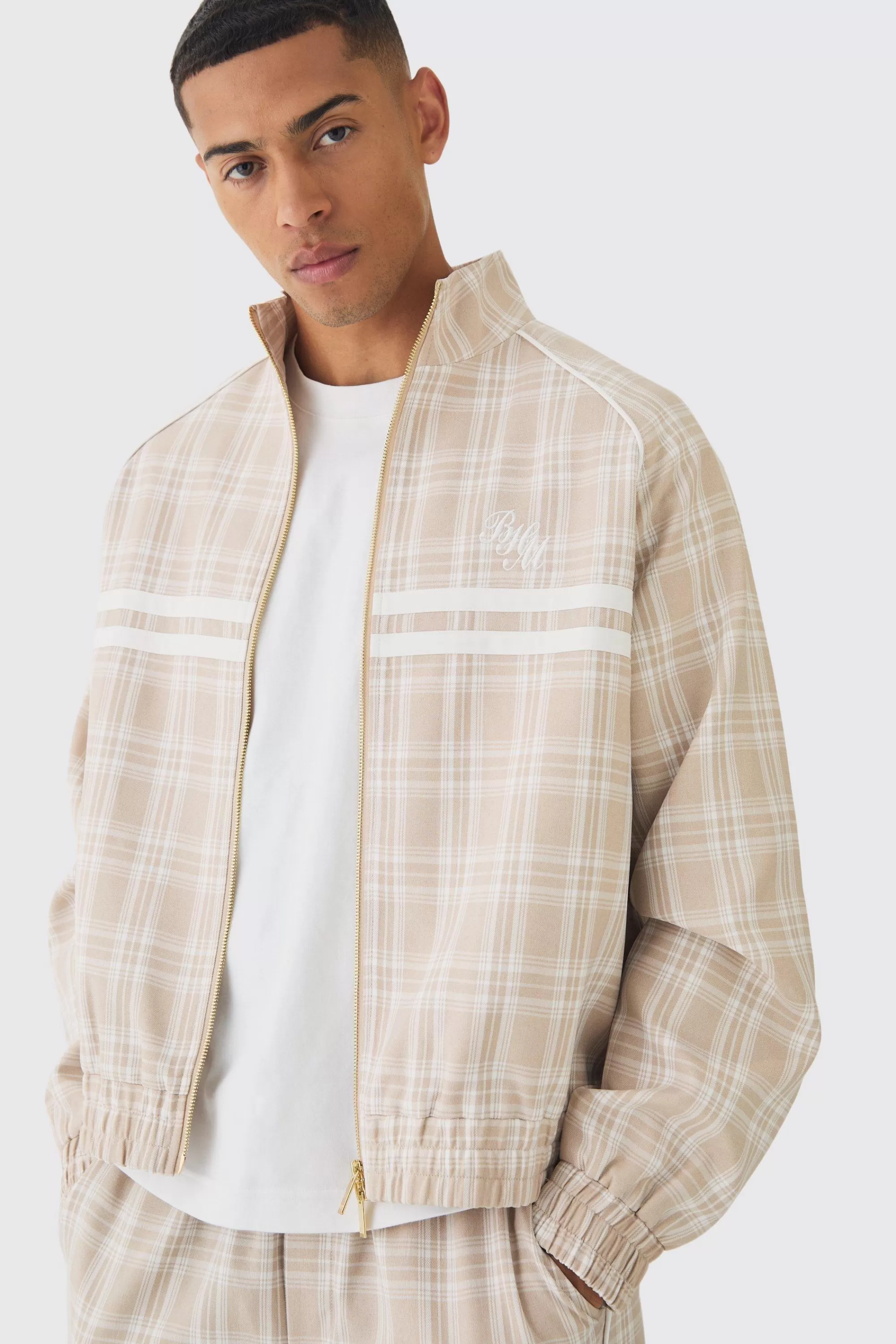 boohooMAN Oversized Boxy Checked Funnel Neck Set | UK