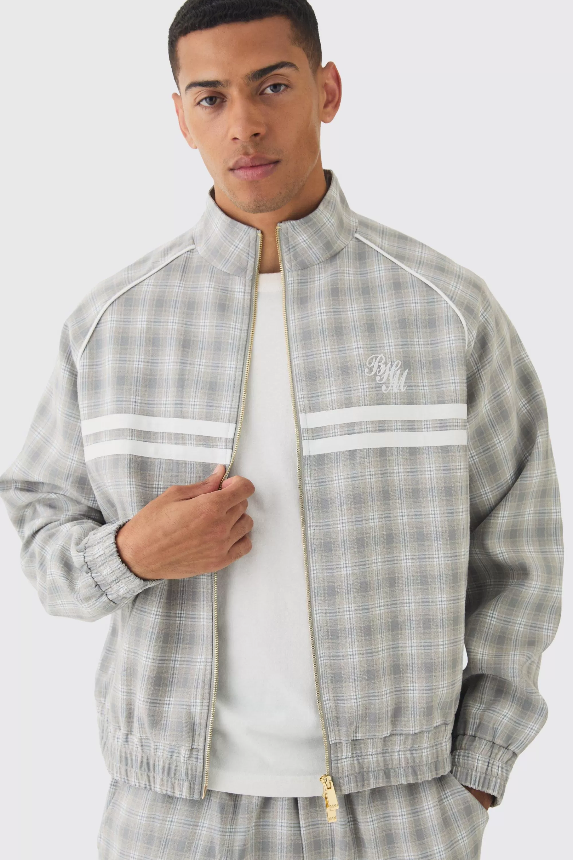 boohooMAN Oversized Boxy Checked Funnel Neck Set | UK