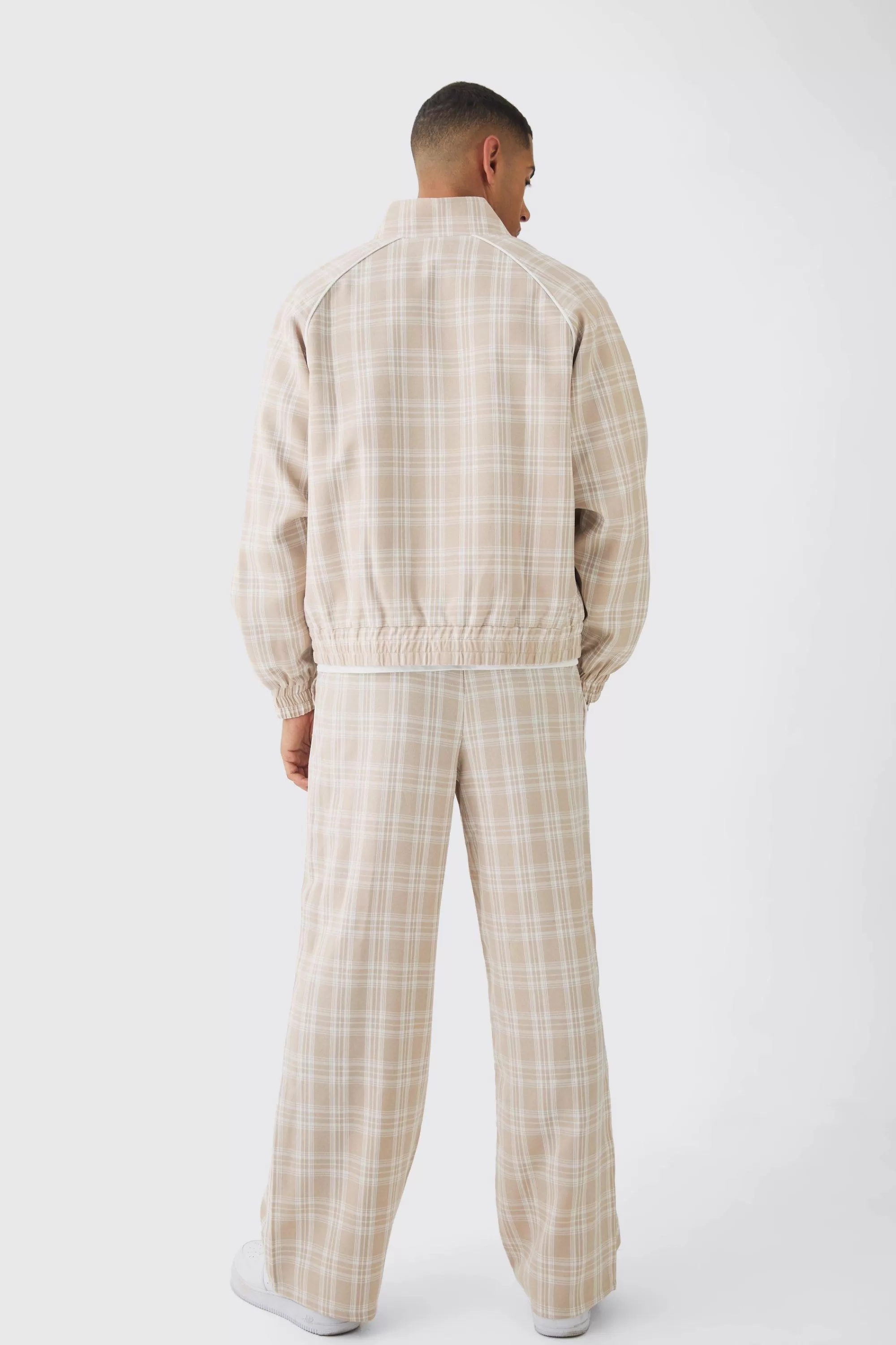 boohooMAN Oversized Boxy Checked Funnel Neck Set | UK
