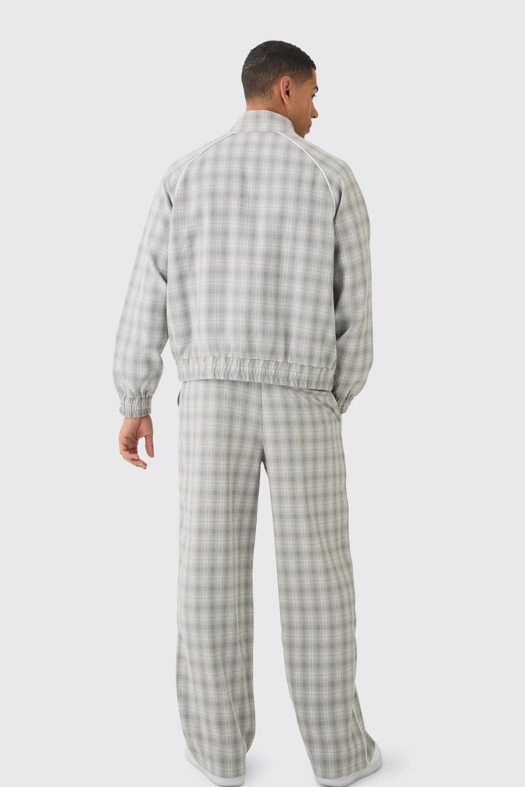boohooMAN Oversized Boxy Checked Funnel Neck Set | UK
