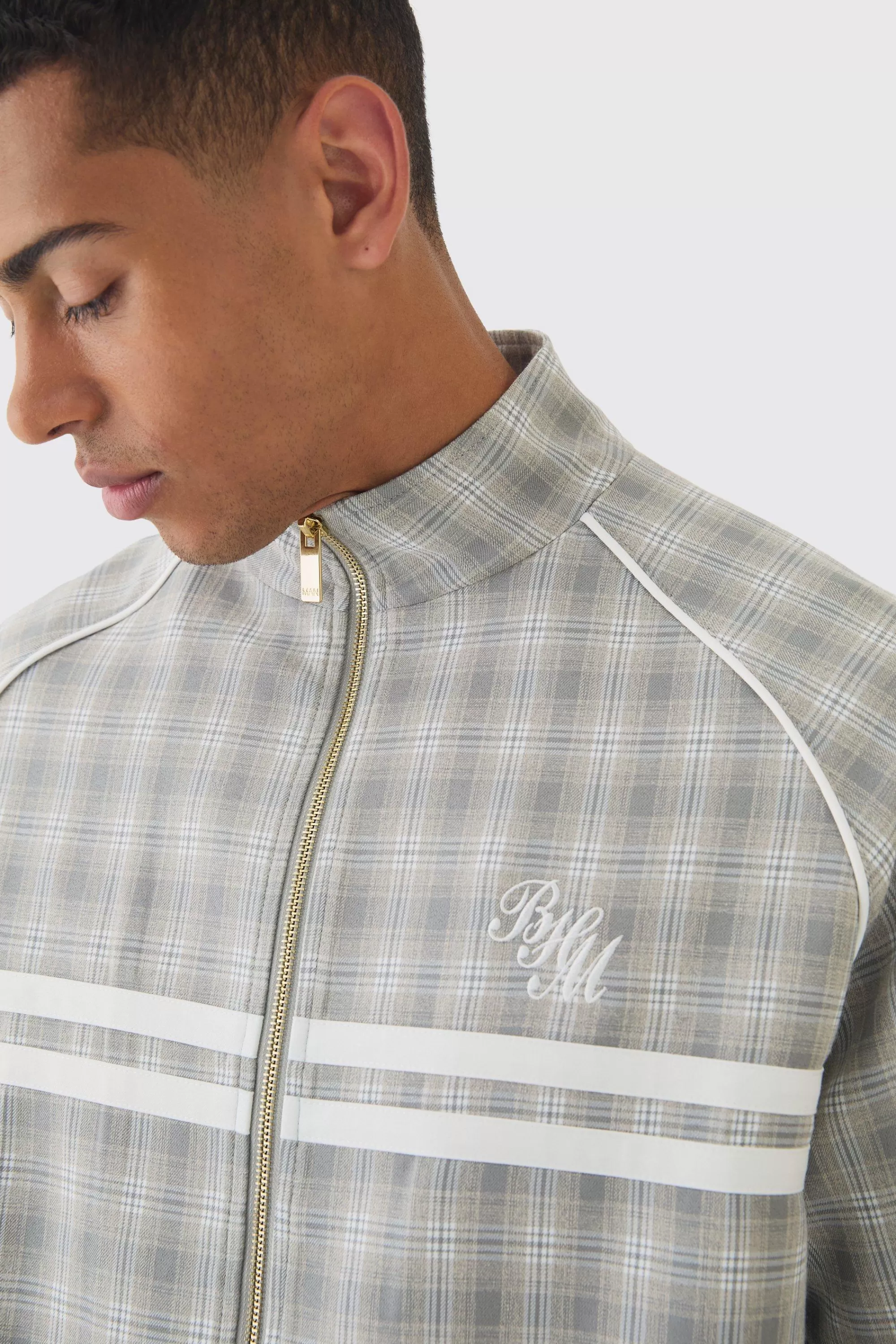 boohooMAN Oversized Boxy Checked Funnel Neck Set | UK