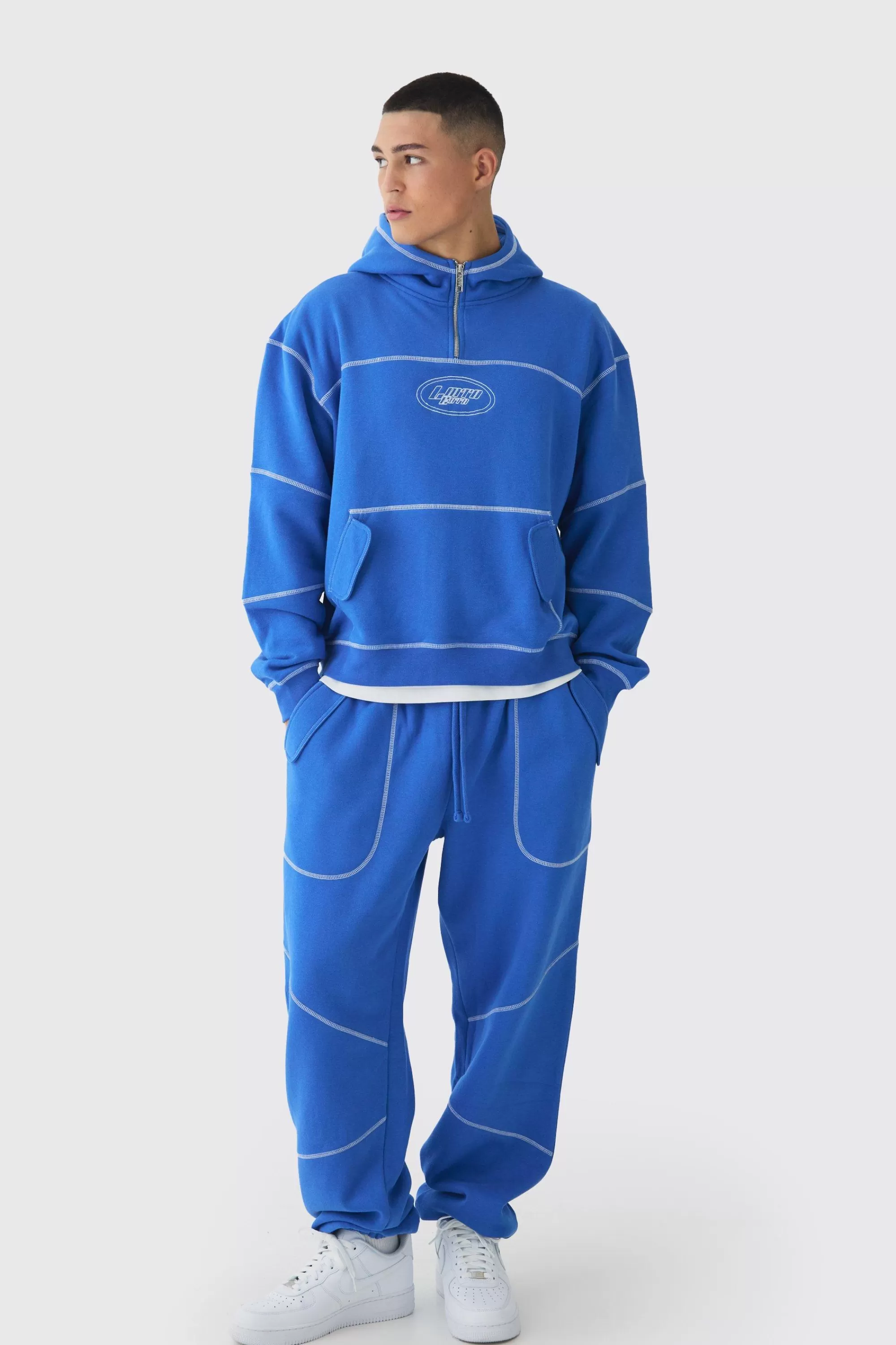 boohooMAN Oversized Boxy Contrast Stitch Embroidered Hooded Tracksuit | UK