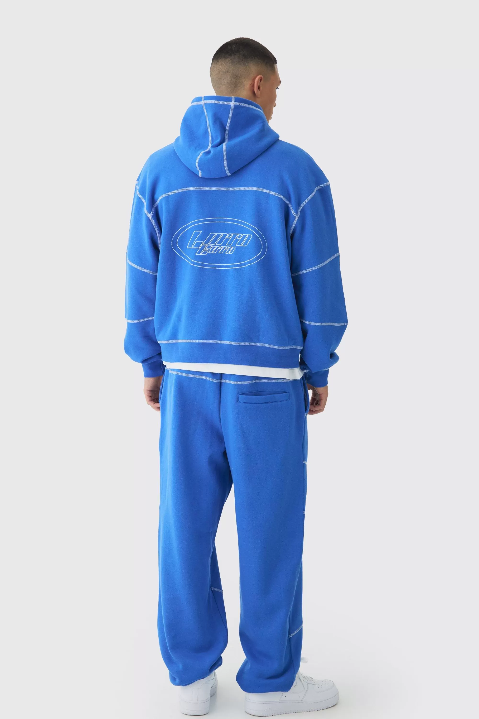 boohooMAN Oversized Boxy Contrast Stitch Embroidered Hooded Tracksuit | UK