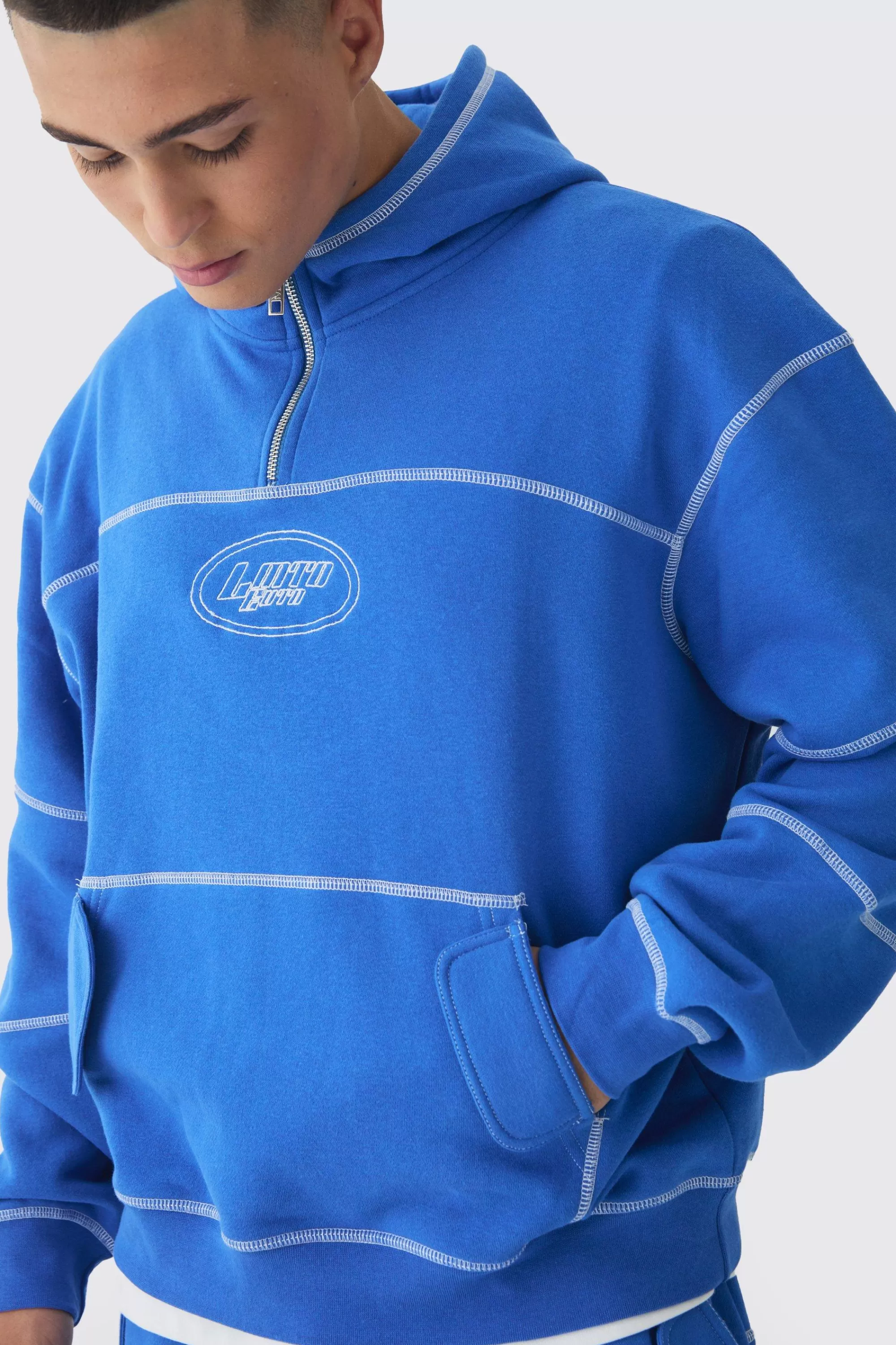 boohooMAN Oversized Boxy Contrast Stitch Embroidered Hooded Tracksuit | UK
