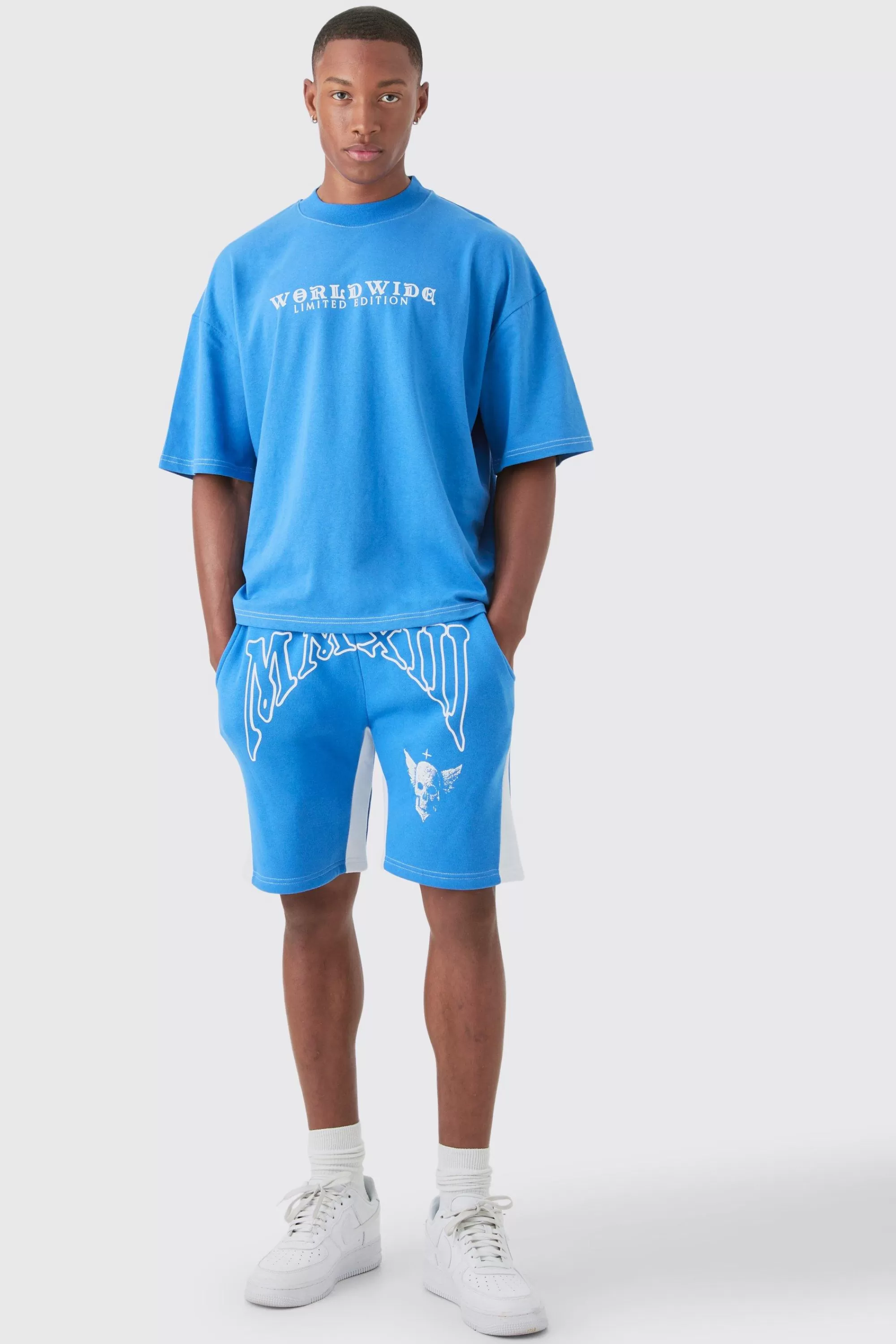boohooMAN Oversized Boxy Contrast Stitch Embroidered T-shirt & Short Set | UK