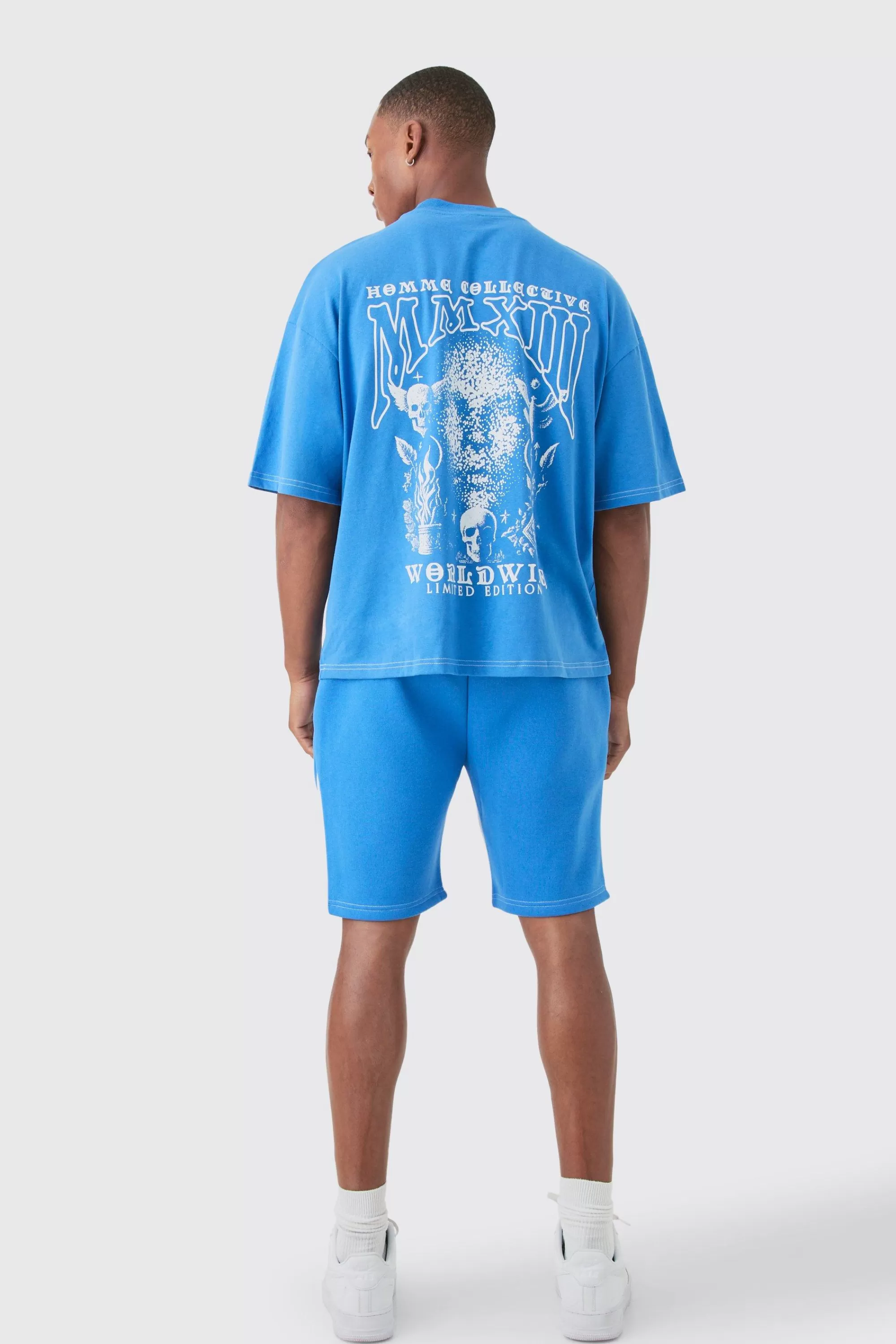boohooMAN Oversized Boxy Contrast Stitch Embroidered T-shirt & Short Set | UK