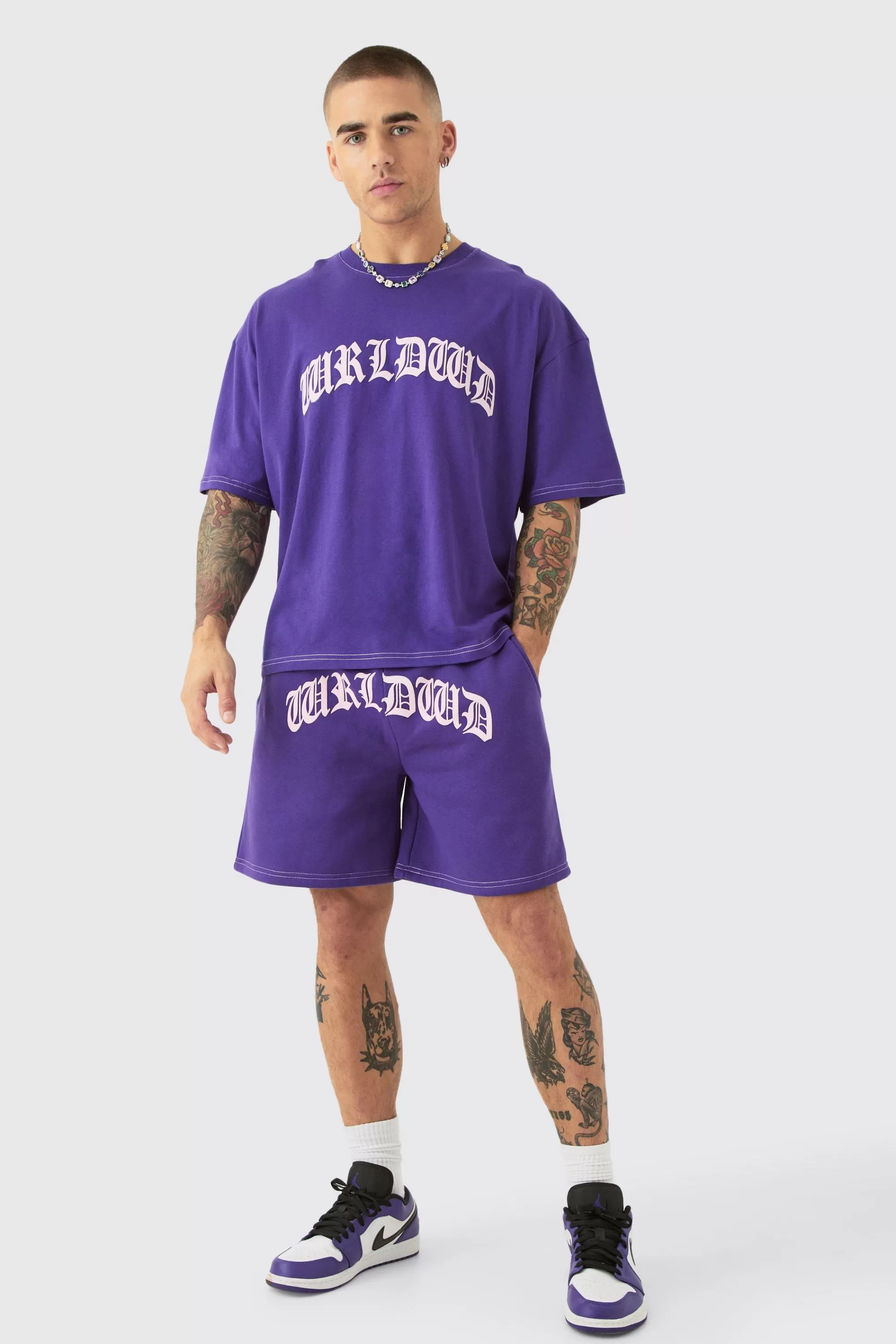 boohooMAN Oversized Boxy Contrast Stitch Puff Print T-shirt & Short Set | UK
