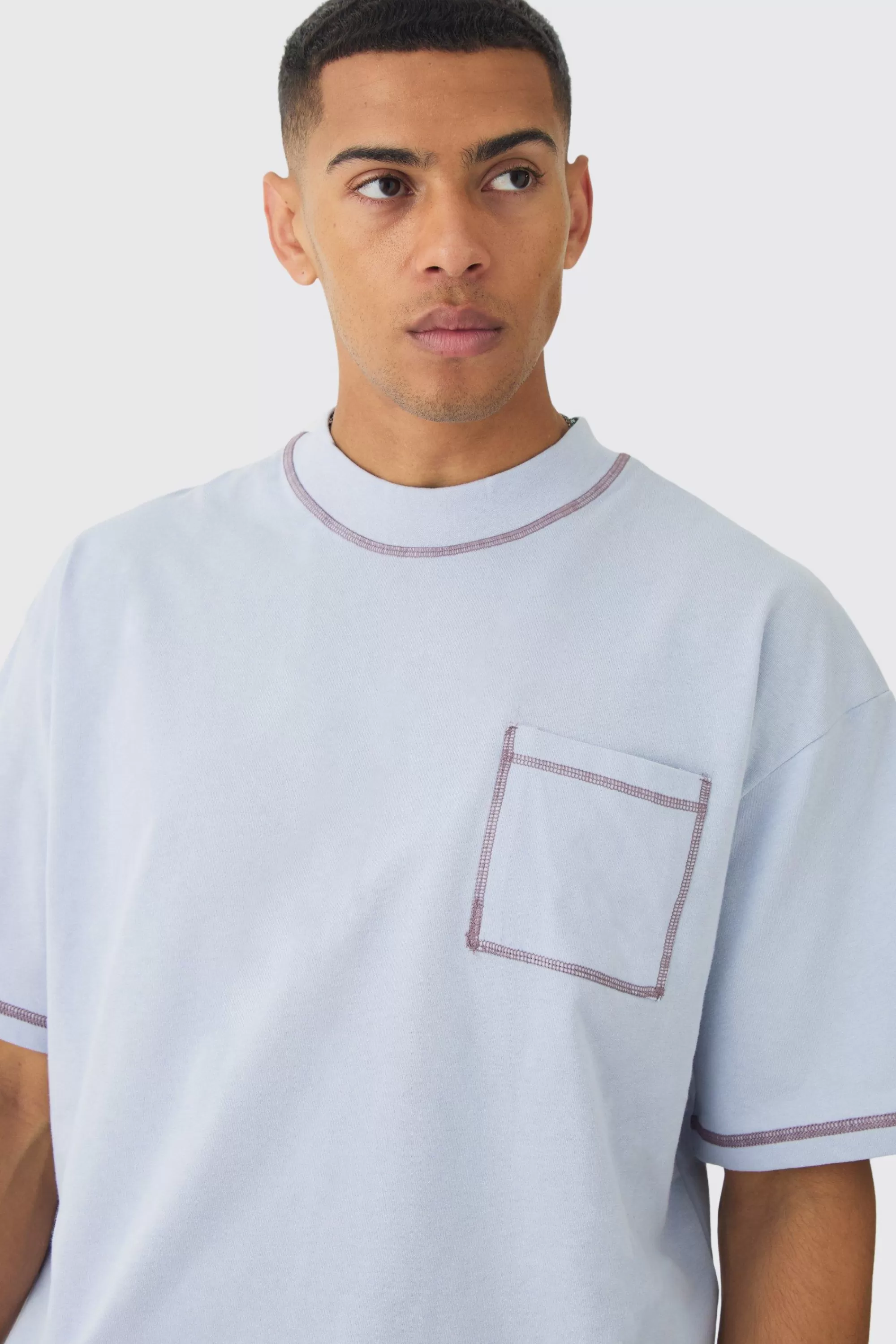 boohooMAN Oversized Boxy Contrast Stitch T-shirt & Shorts Set | UK