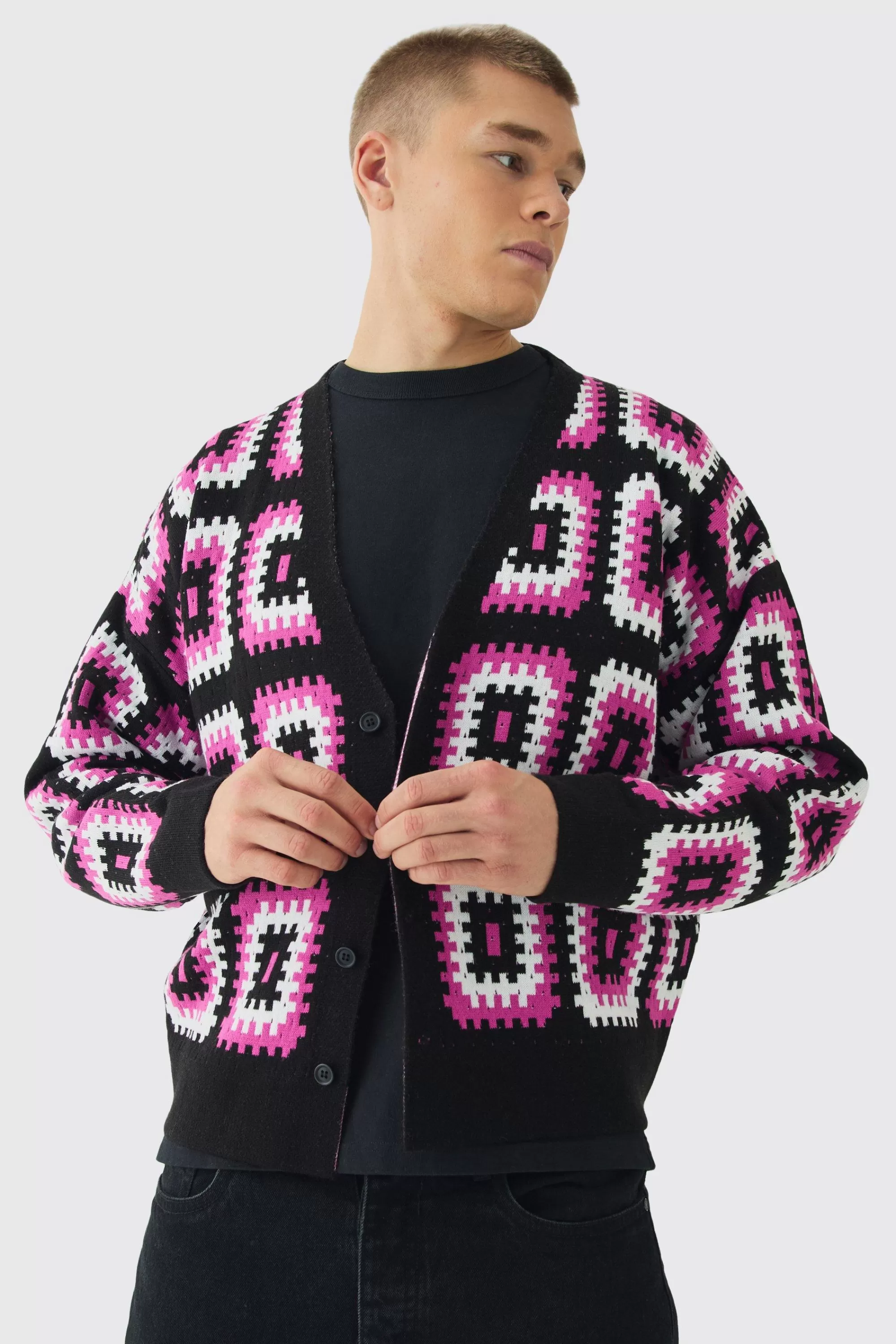 boohooMAN Oversized Boxy Crochet Cardigan | UK
