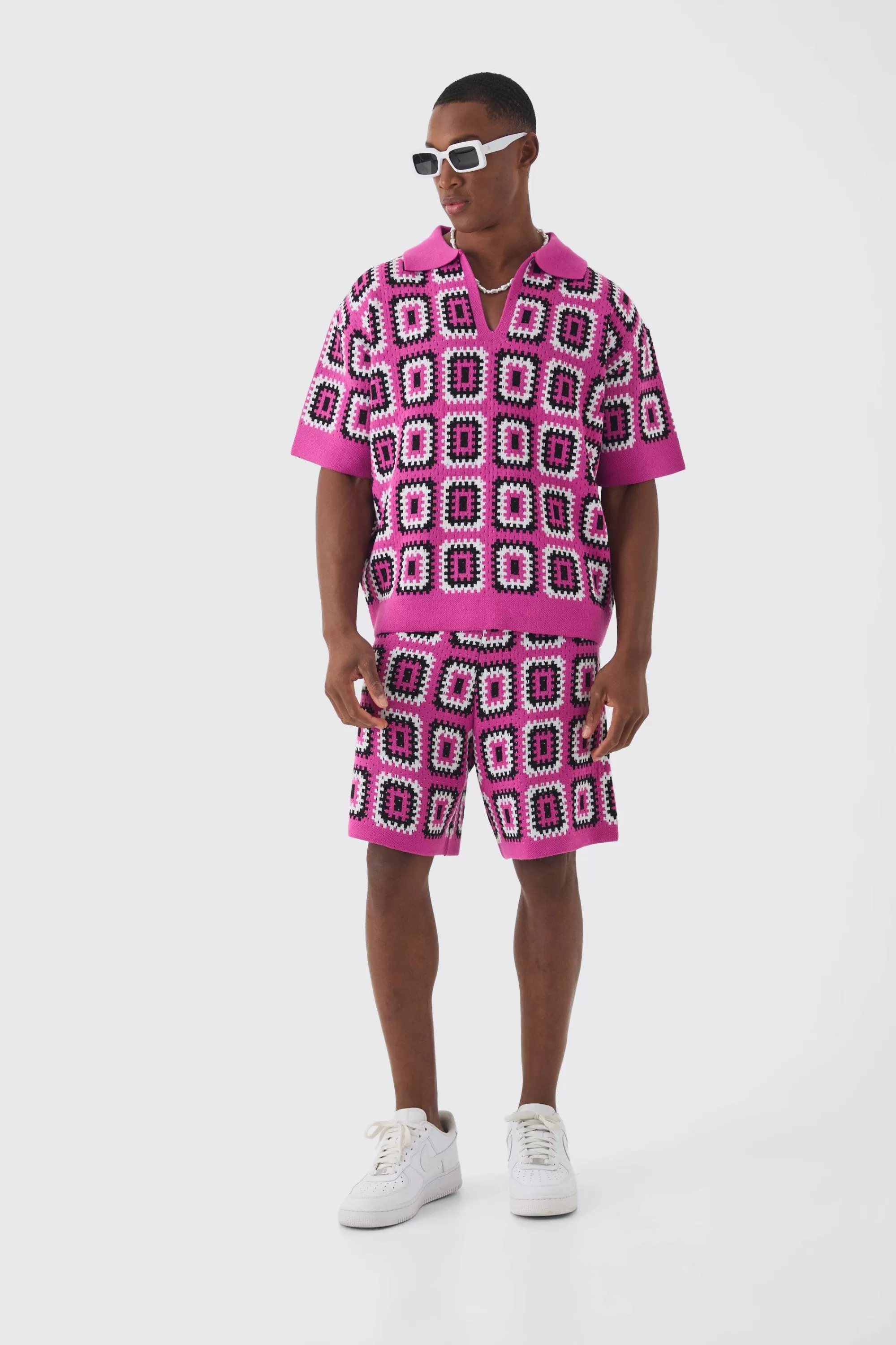 boohooMAN Oversized Boxy Crochet Knit Polo And Short Set | UK