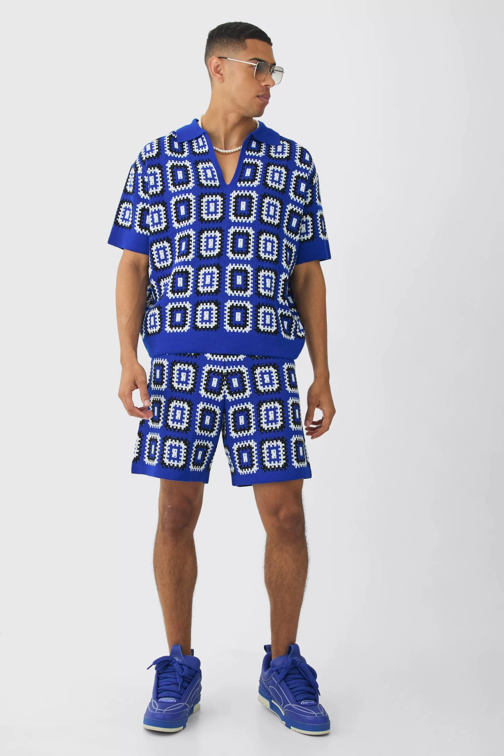 boohooMAN Oversized Boxy Crochet Knit Polo And Short Set | UK