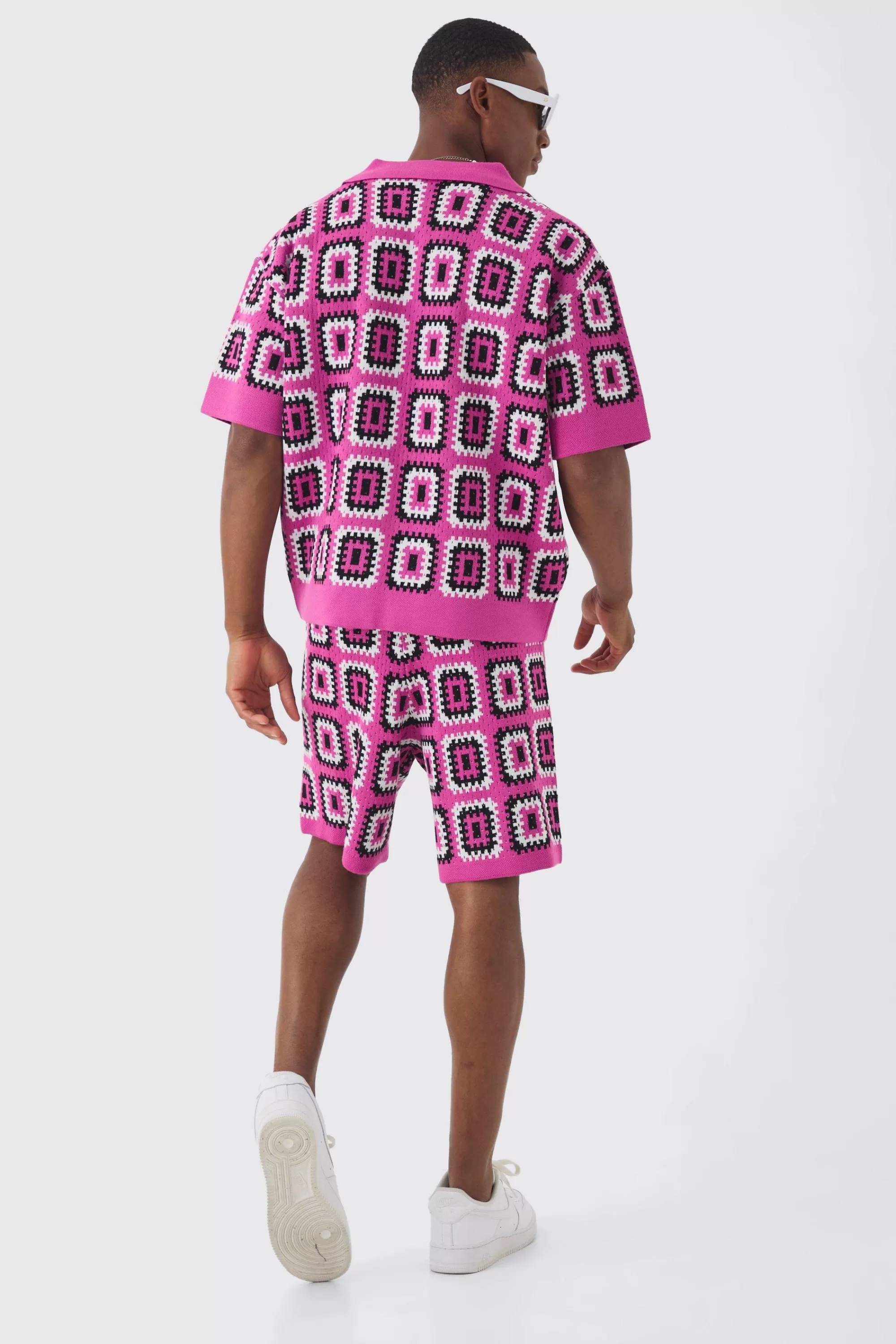 boohooMAN Oversized Boxy Crochet Knit Polo And Short Set | UK