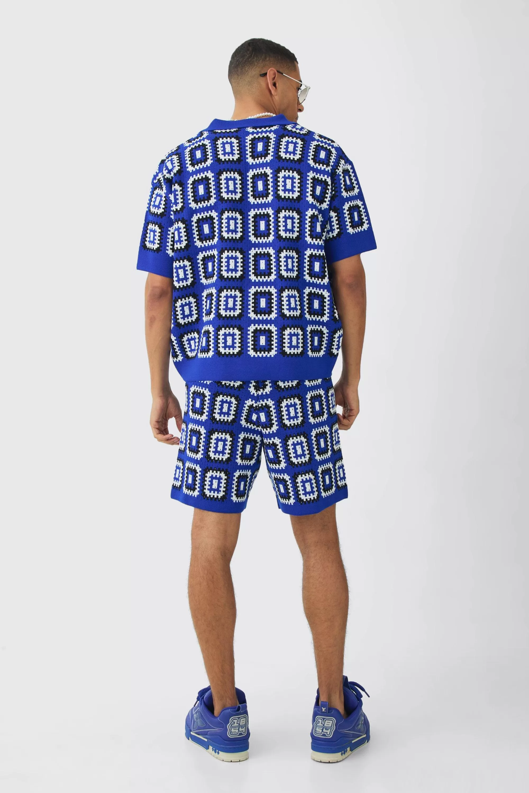 boohooMAN Oversized Boxy Crochet Knit Polo And Short Set | UK