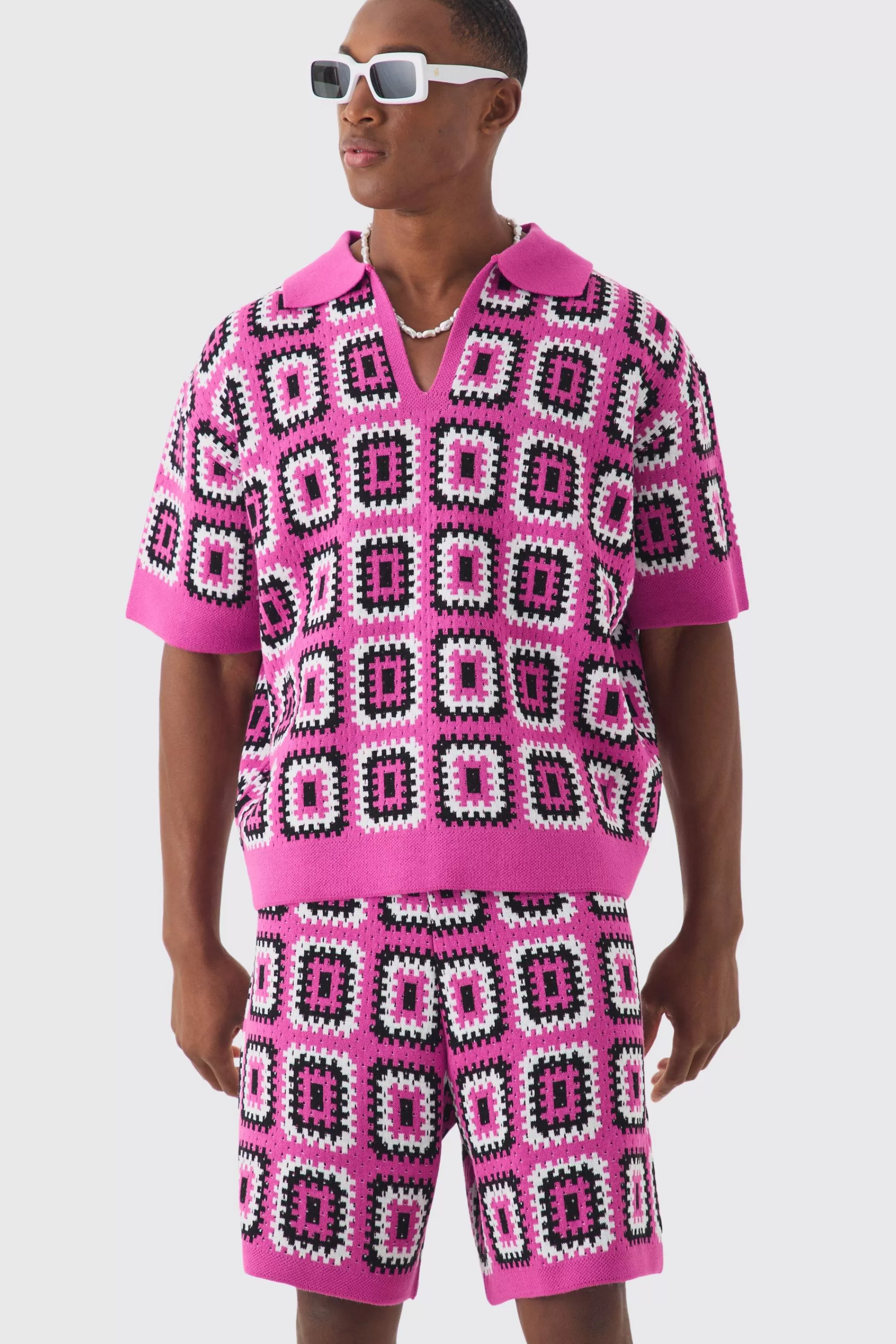 boohooMAN Oversized Boxy Crochet Knit Polo And Short Set | UK