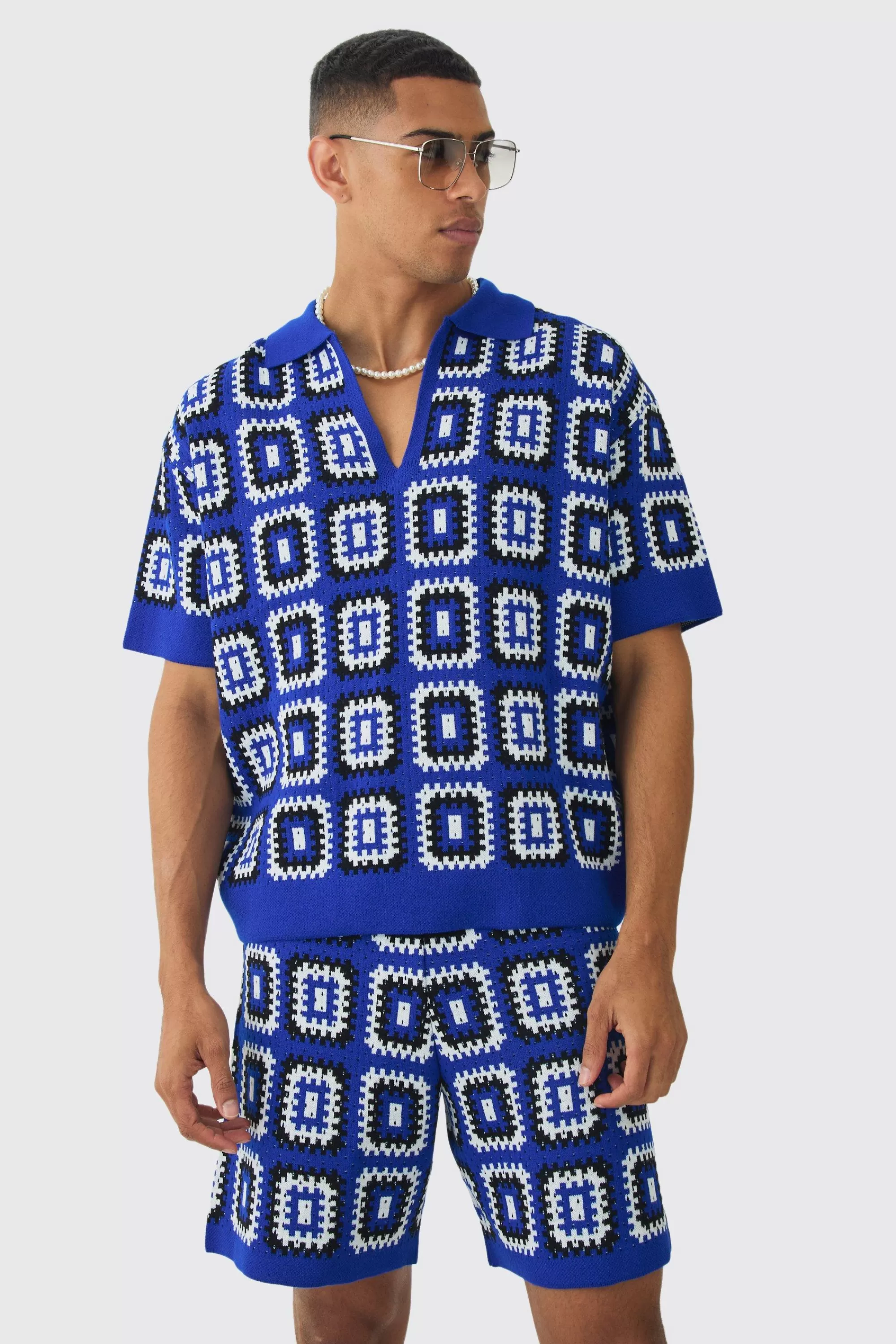 boohooMAN Oversized Boxy Crochet Knit Polo And Short Set | UK