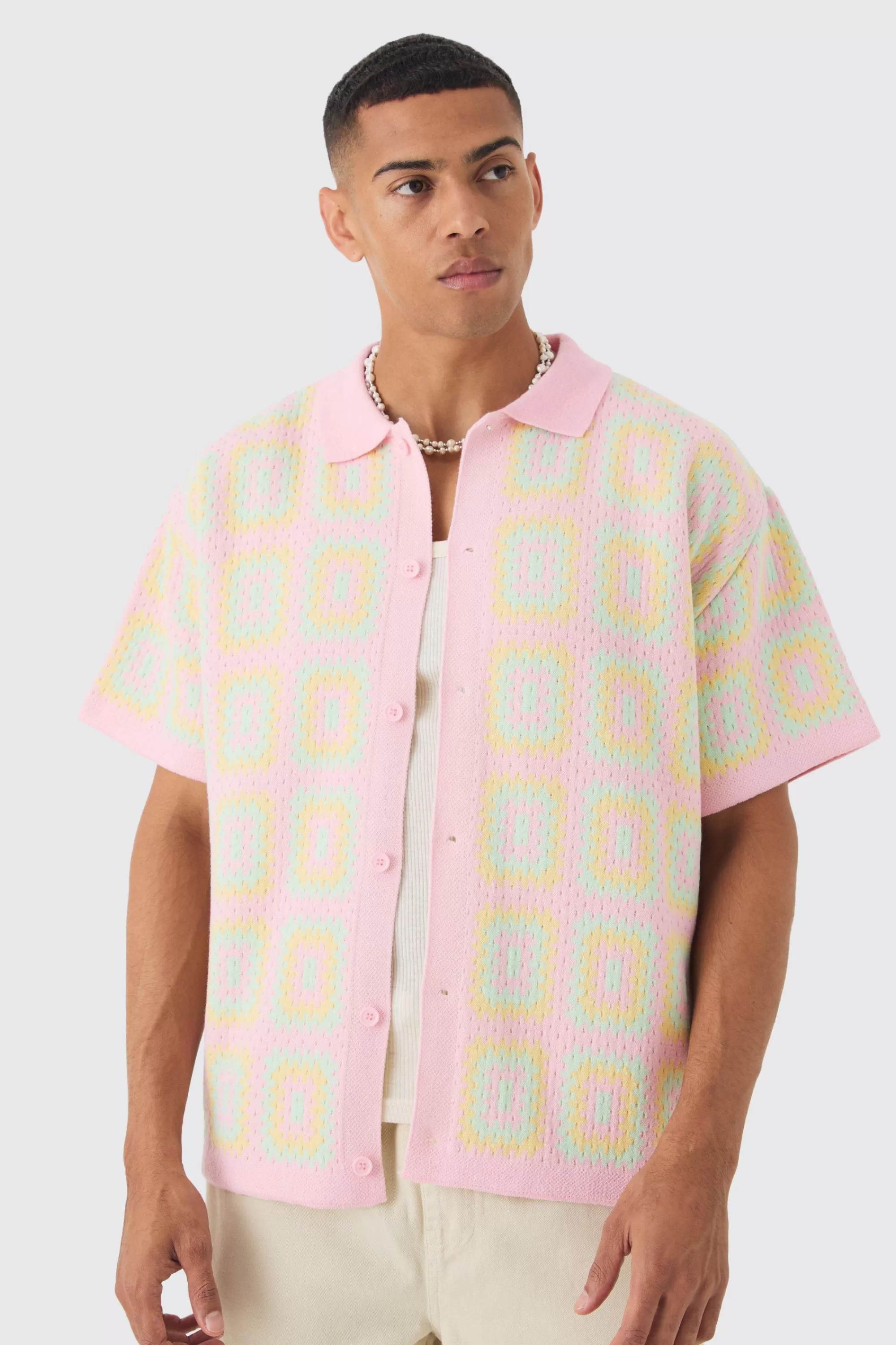 boohooMAN Oversized Boxy Crochet Knit Shirt | UK