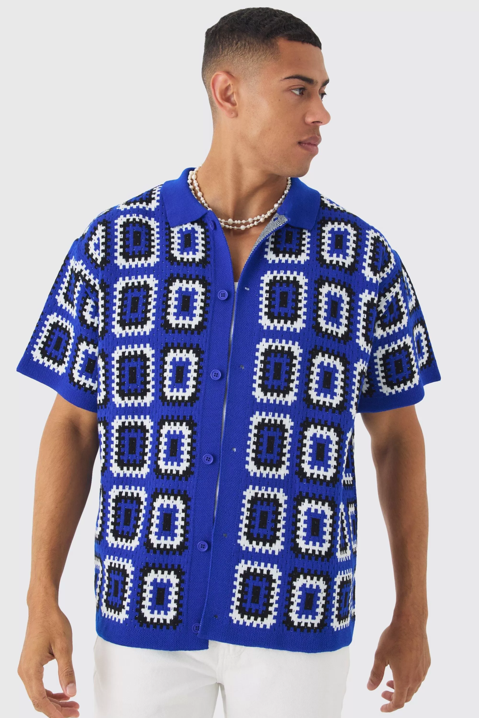 boohooMAN Oversized Boxy Crochet Knit Shirt | UK