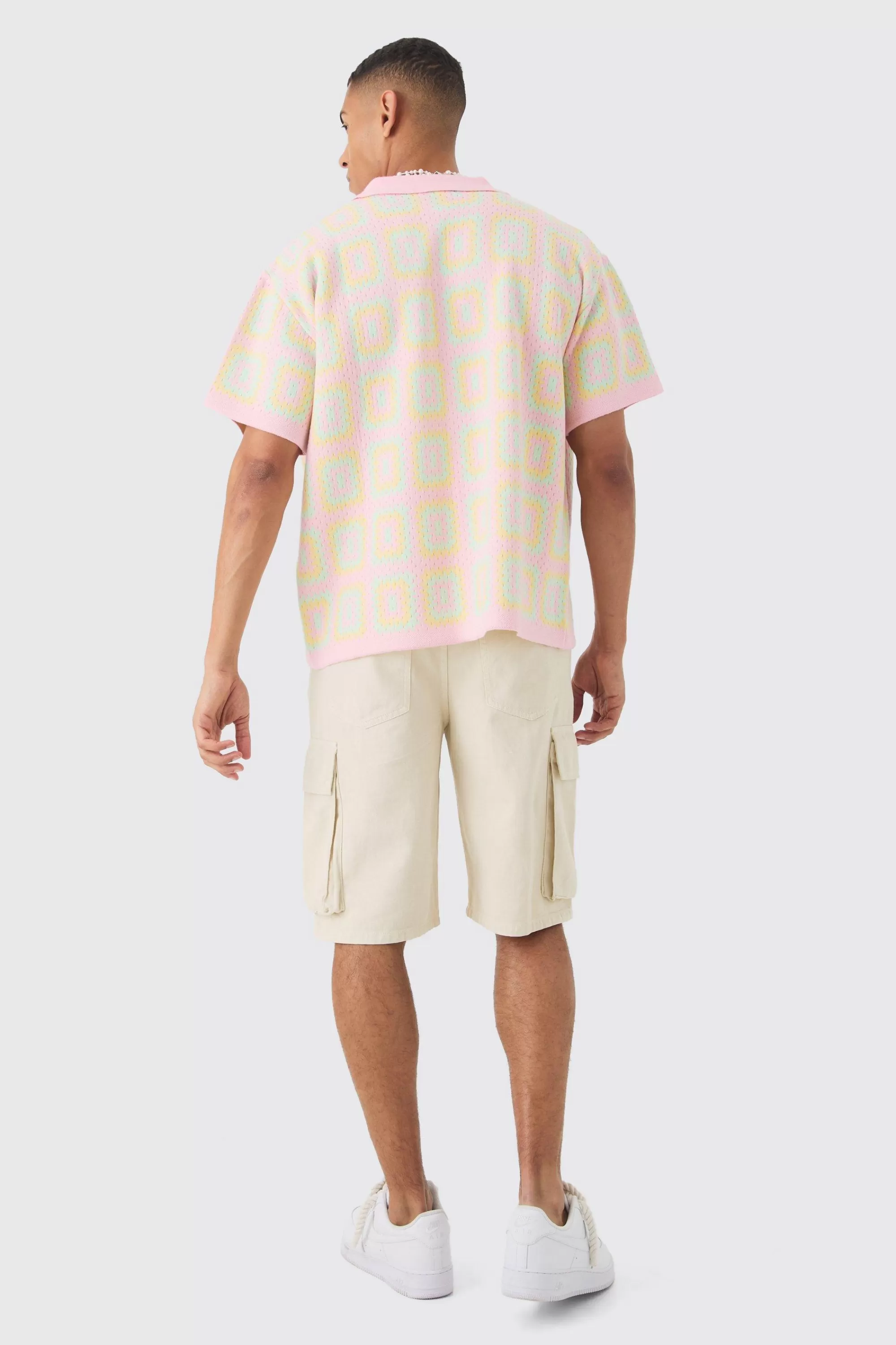 boohooMAN Oversized Boxy Crochet Knit Shirt | UK