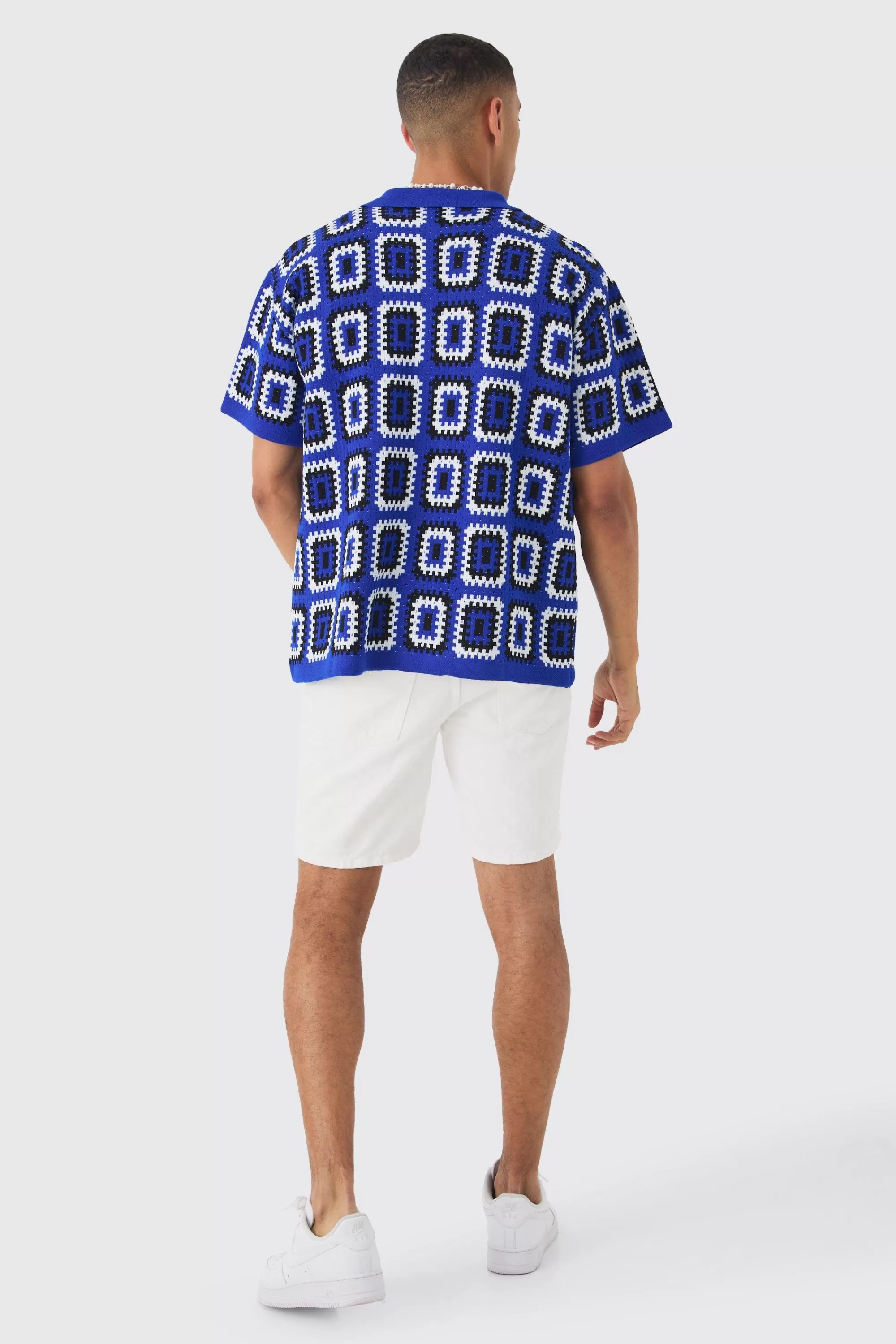 boohooMAN Oversized Boxy Crochet Knit Shirt | UK