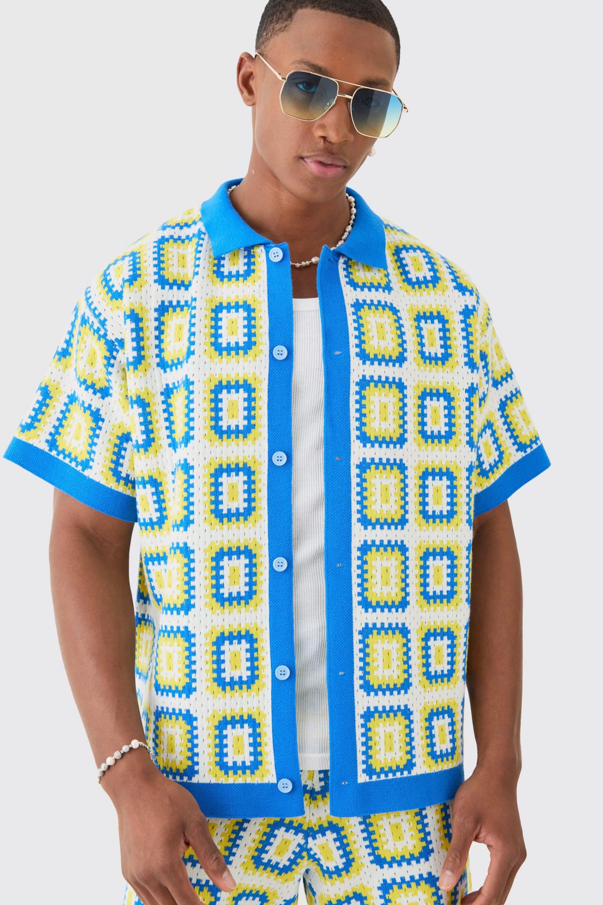 boohooMAN Oversized Boxy Crochet Knitted Shirt | UK