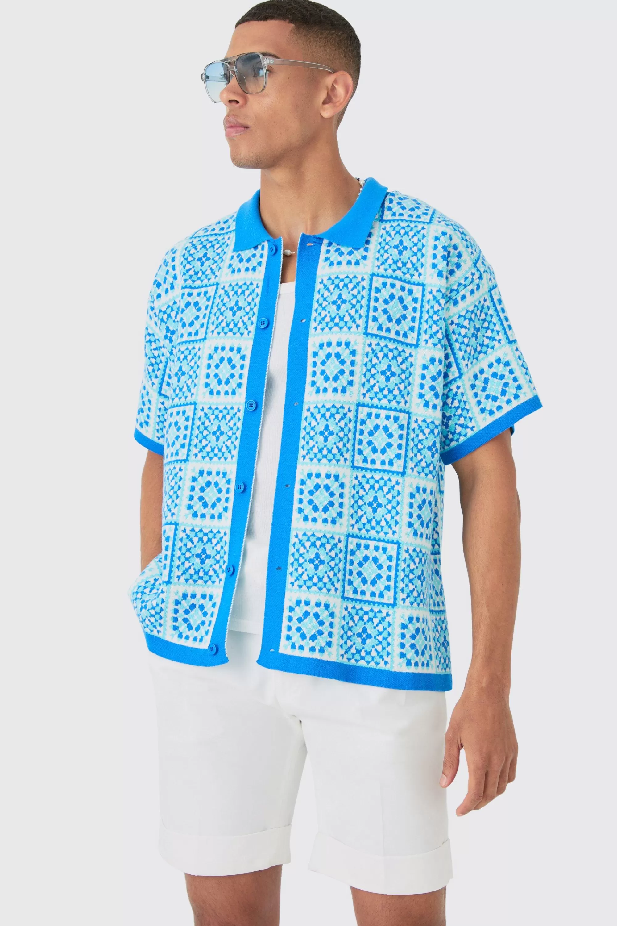 boohooMAN Oversized Boxy Crochet Knitted Shirt | UK