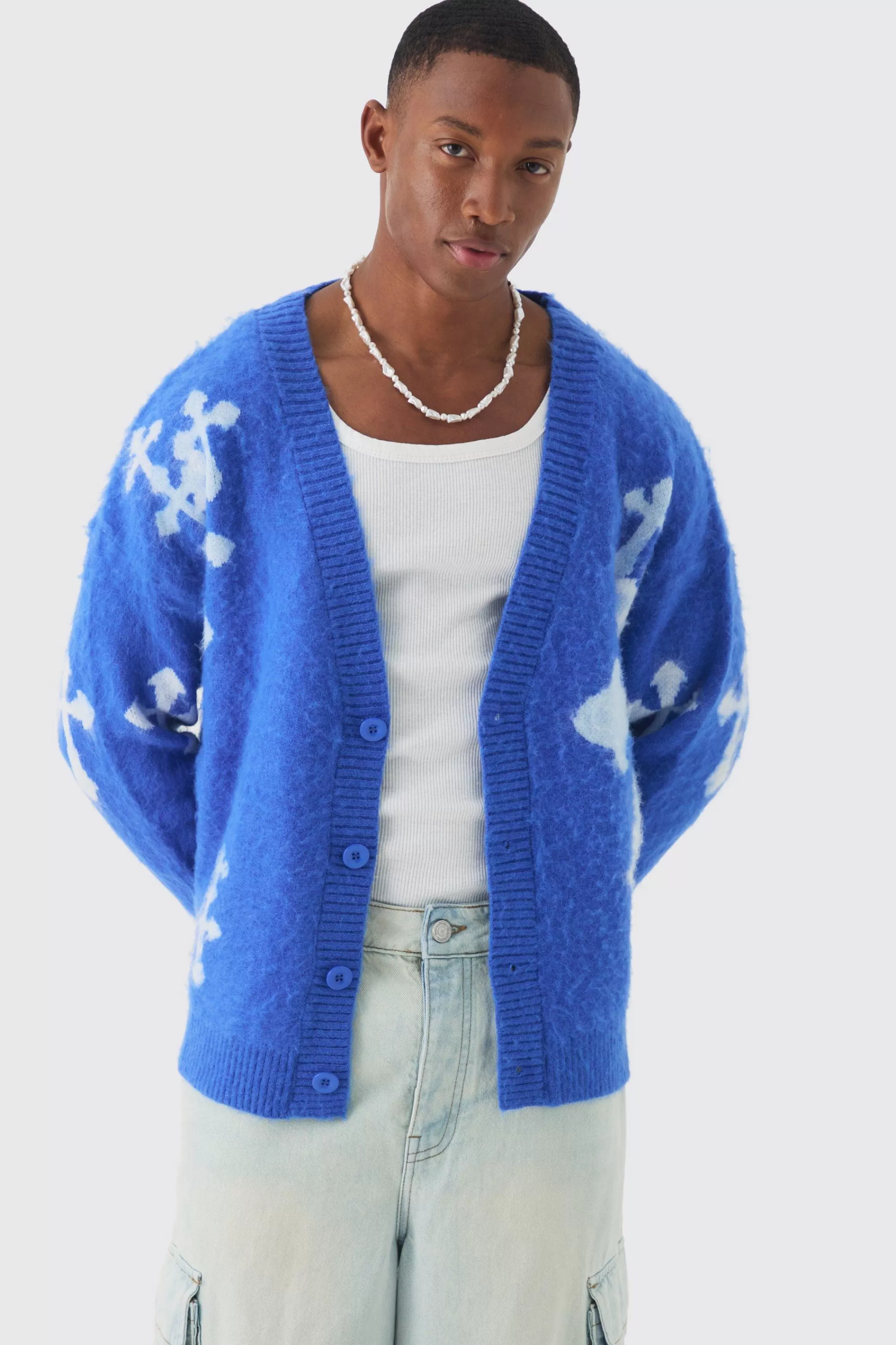 boohooMAN Oversized Boxy Cross Brushed Knitted Cardigan | UK