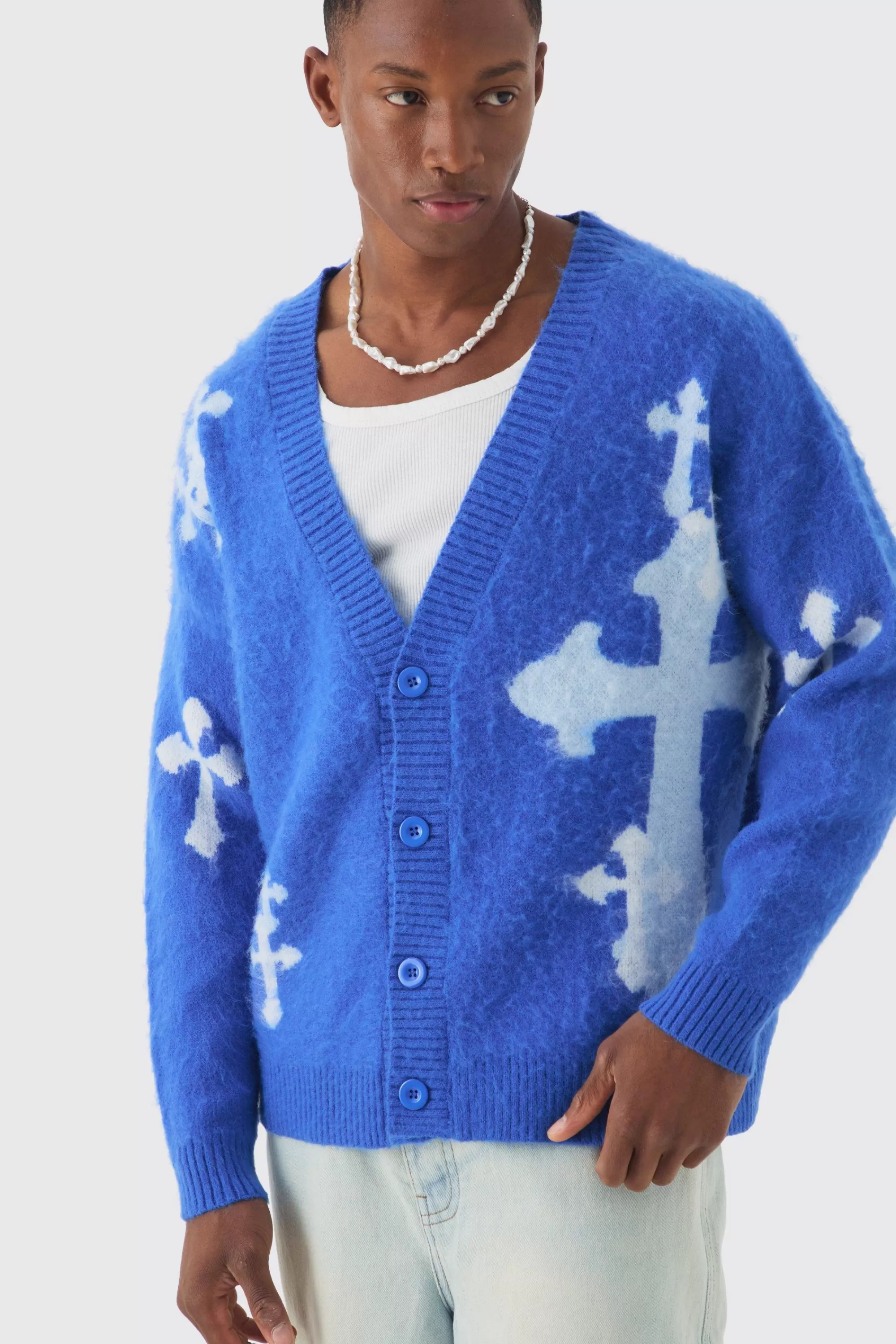 boohooMAN Oversized Boxy Cross Brushed Knitted Cardigan | UK