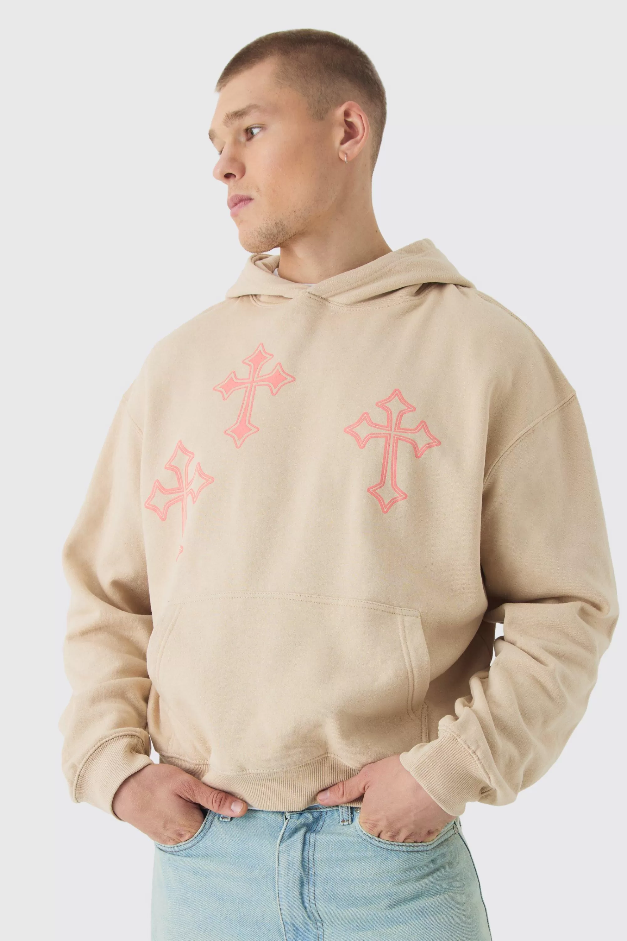 boohooMAN Oversized Boxy Cross Printed Hoodie | UK