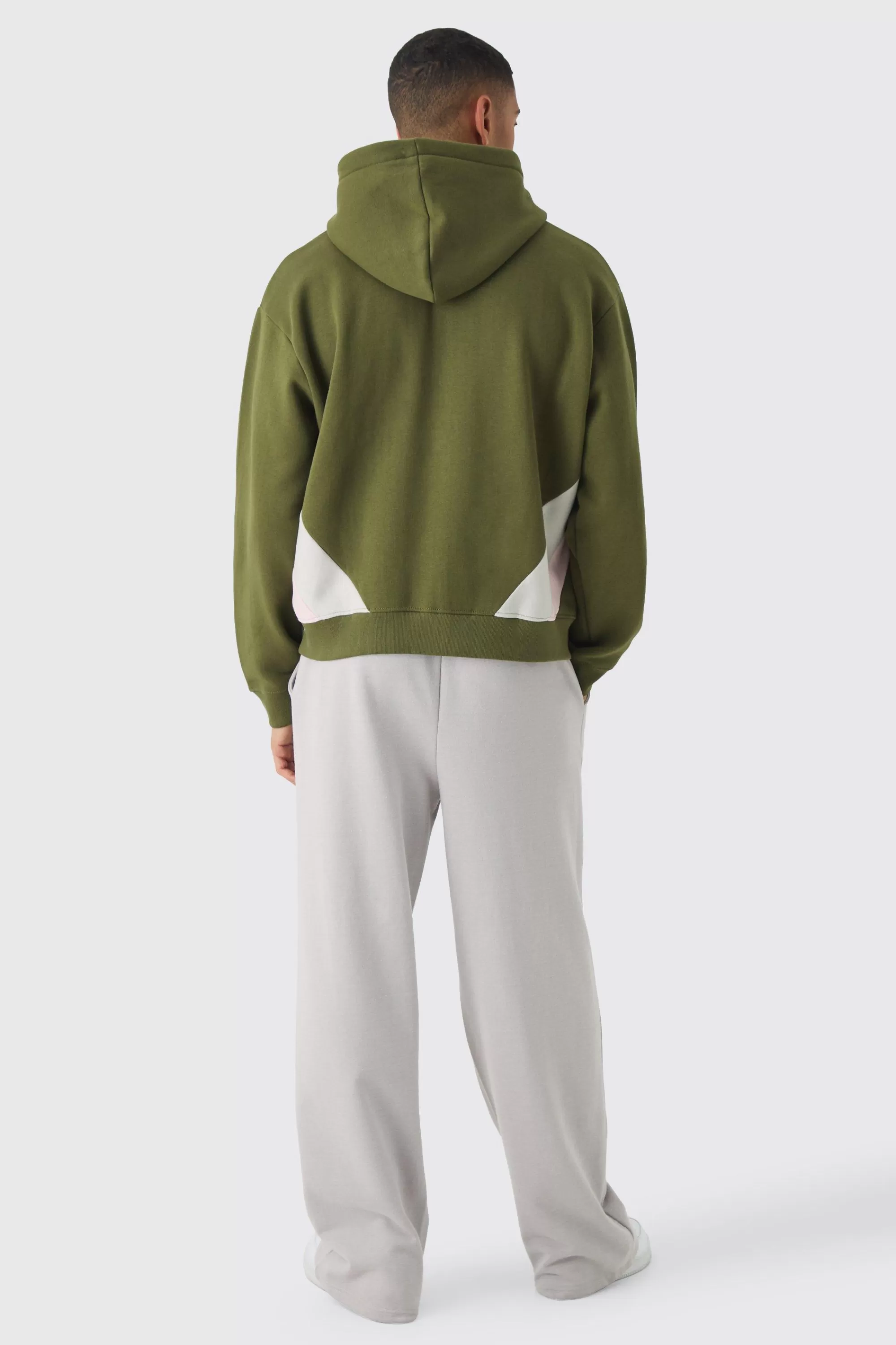boohooMAN Oversized Boxy Cut & Sew Colour Block Zip Through Hoodie | UK