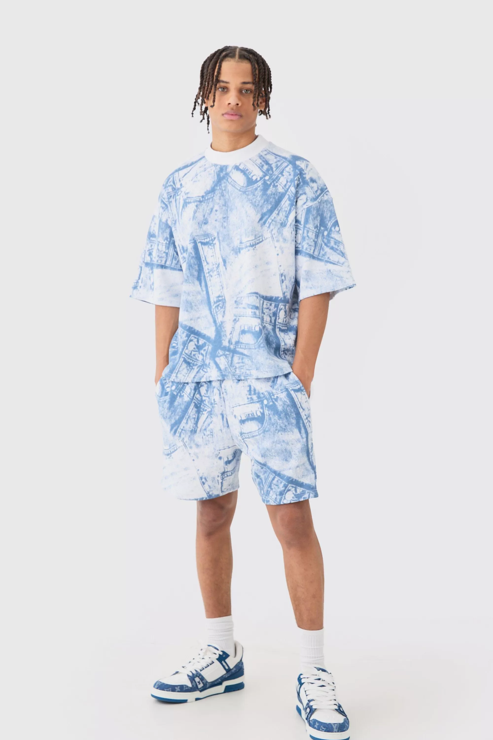 boohooMAN Oversized Boxy Denim Printed Waffle T-shirt & Shorts Set | UK