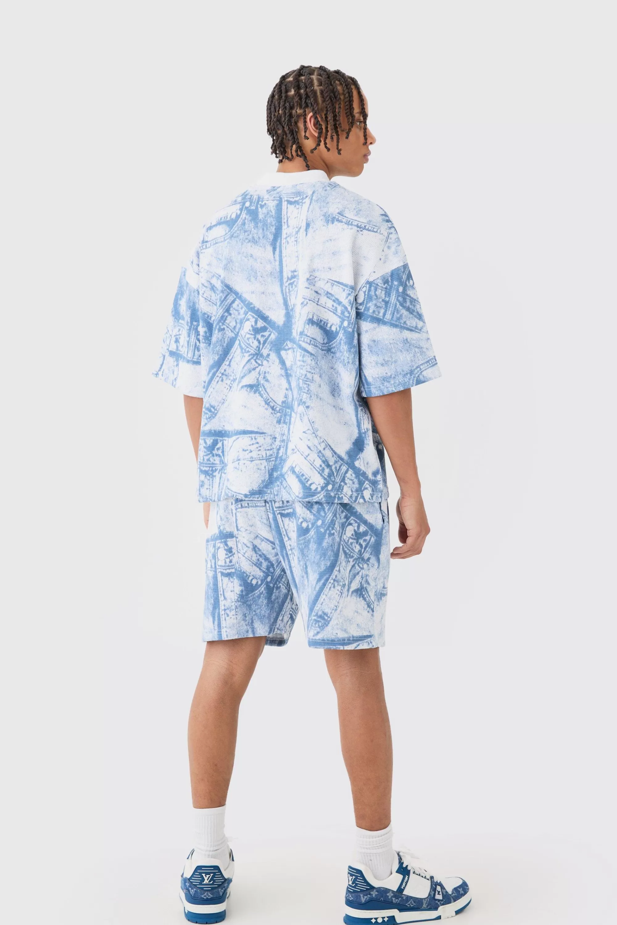 boohooMAN Oversized Boxy Denim Printed Waffle T-shirt & Shorts Set | UK
