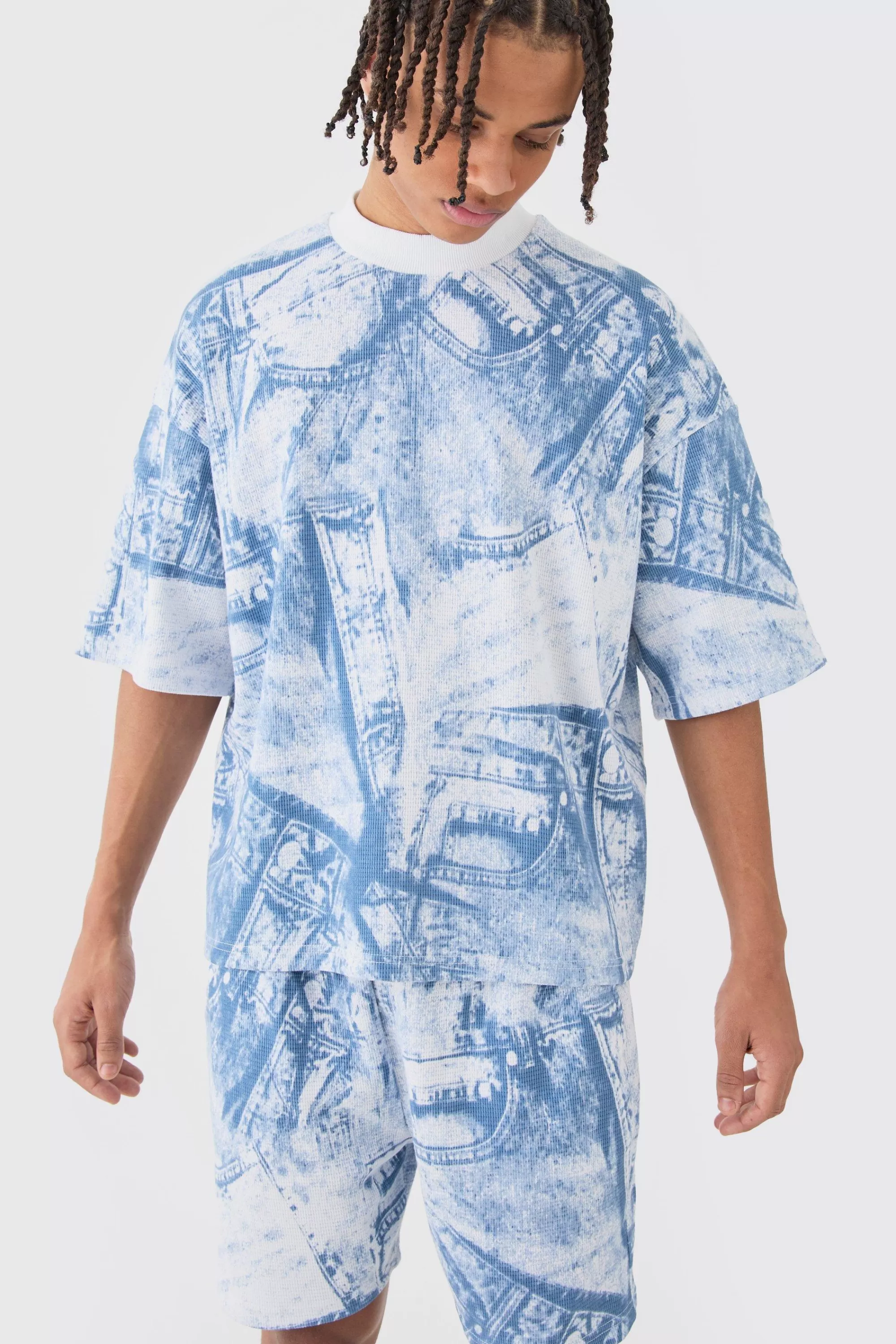 boohooMAN Oversized Boxy Denim Printed Waffle T-shirt & Shorts Set | UK