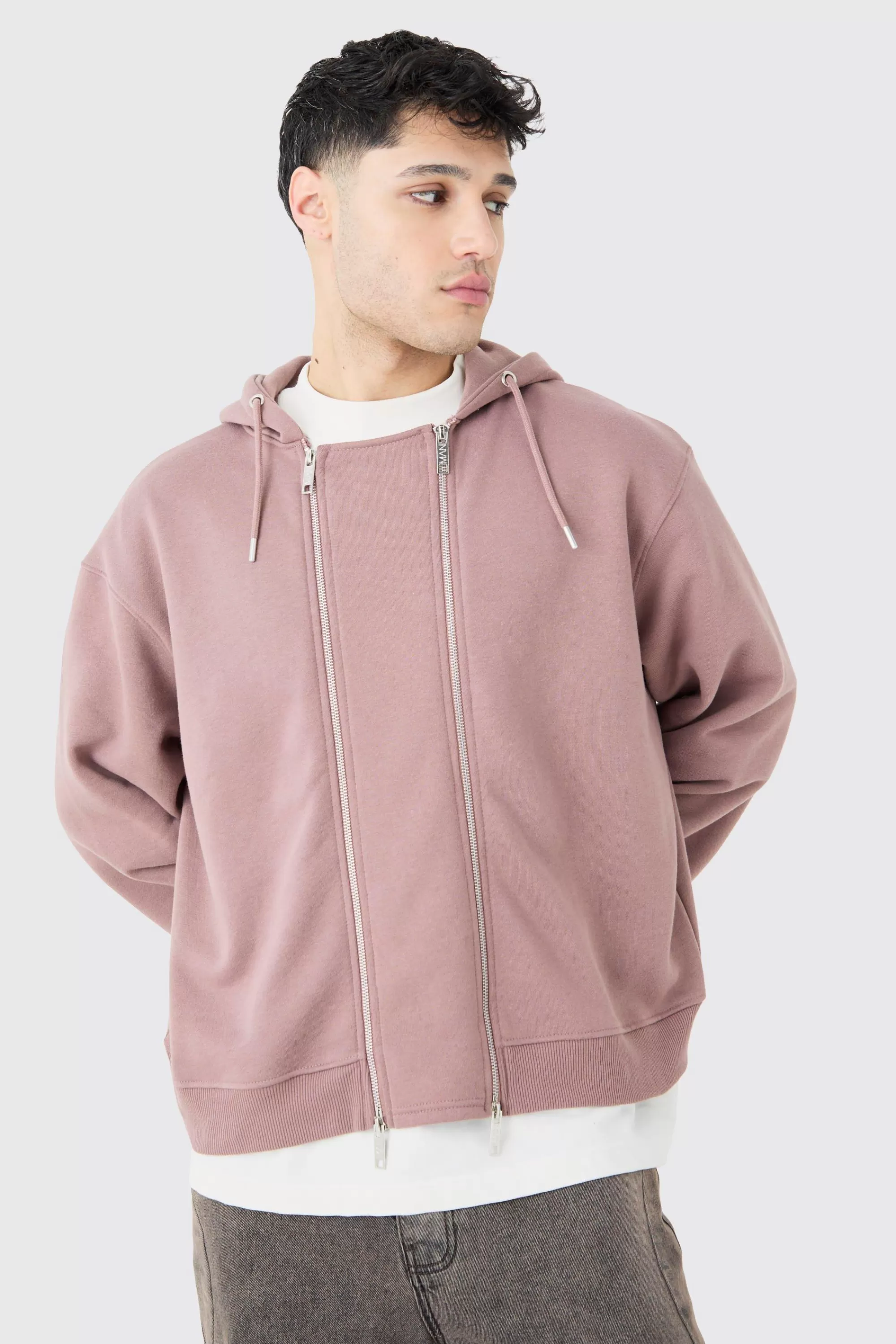 boohooMAN Oversized Boxy Double Zip Through Hoodie | UK