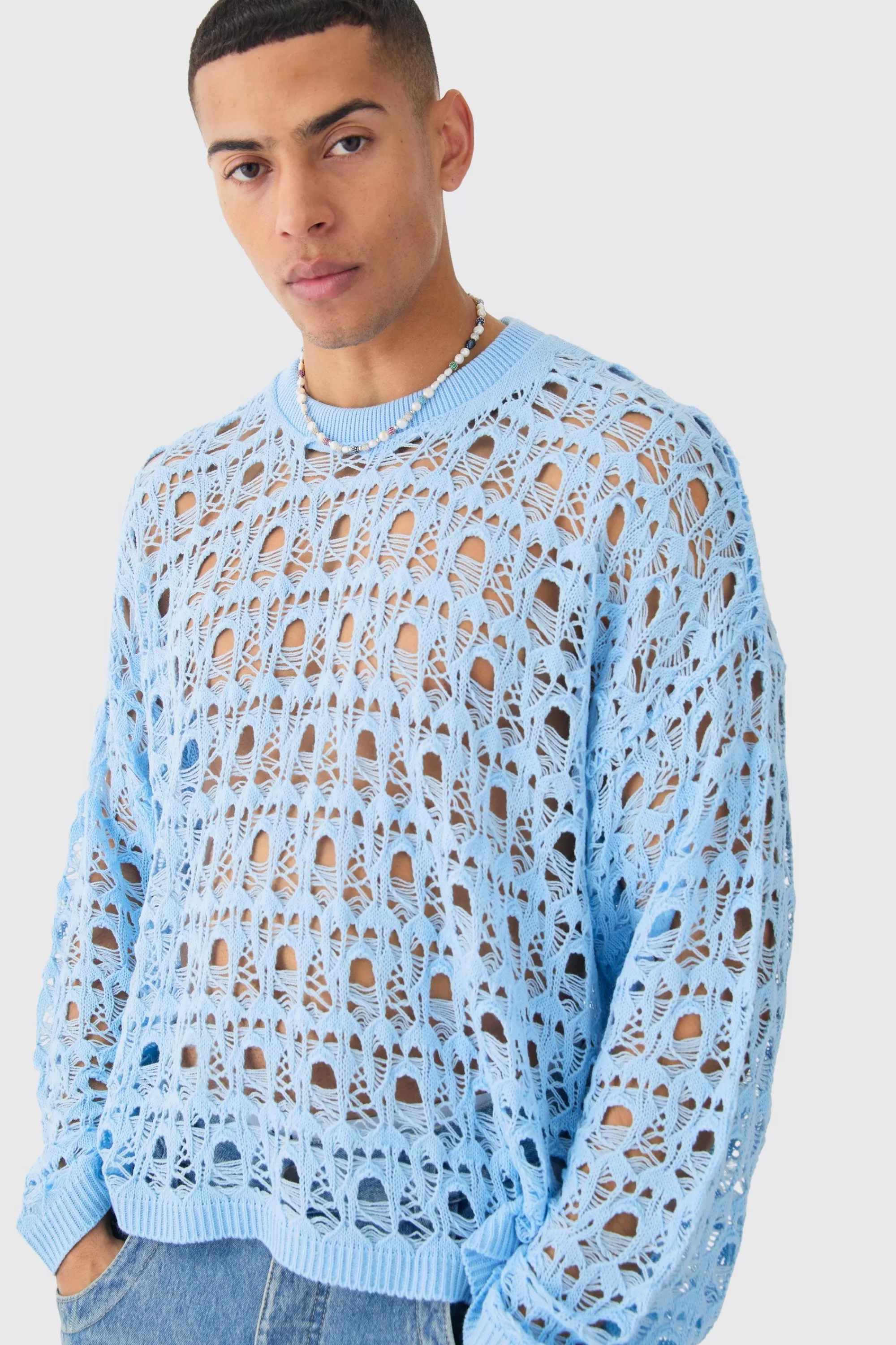 boohooMAN Oversized Boxy Drop Shoulder Open Knit Jumper In | UK