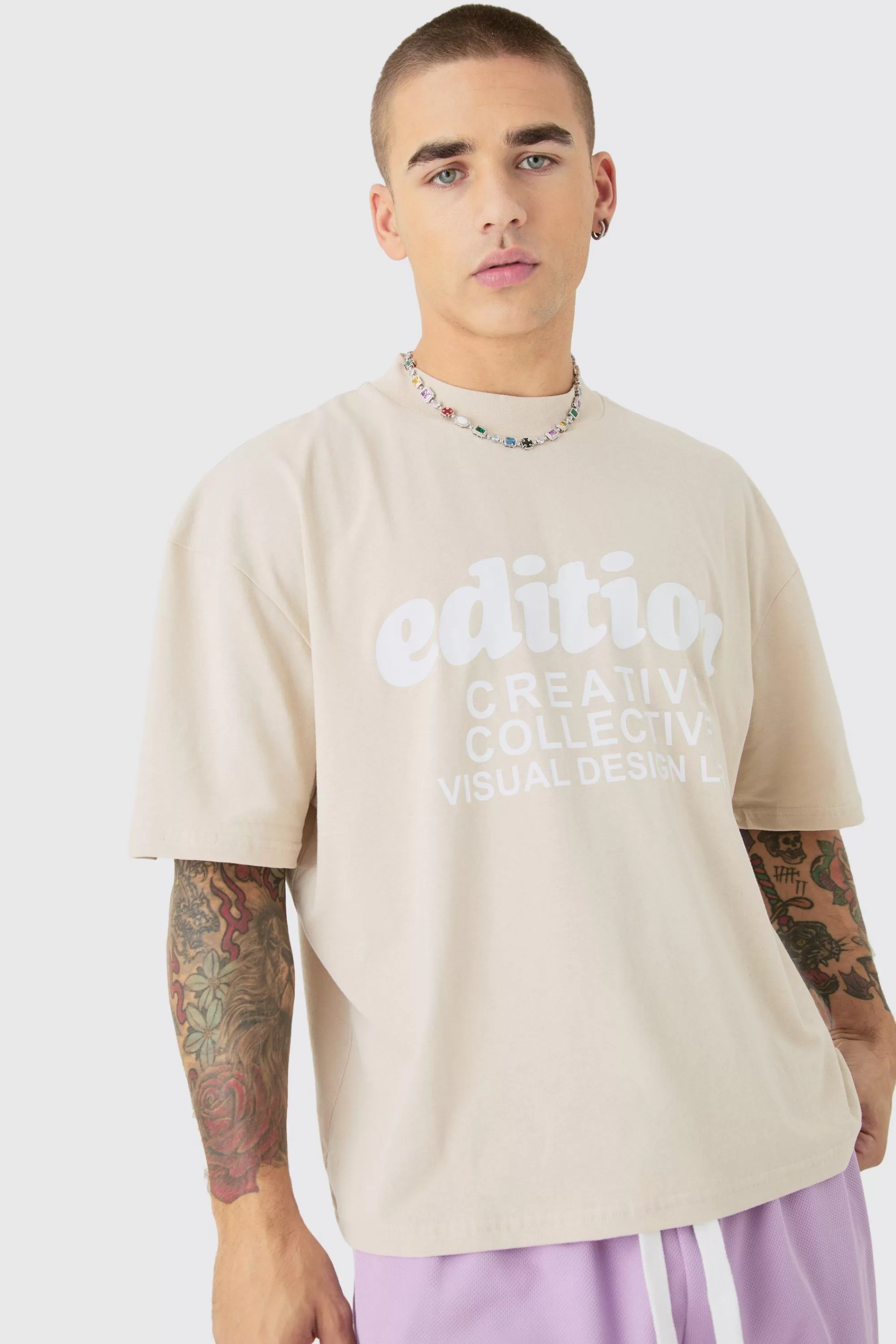 boohooMAN Oversized Boxy Extended Neck Mesh T-shirt & Short Set | UK