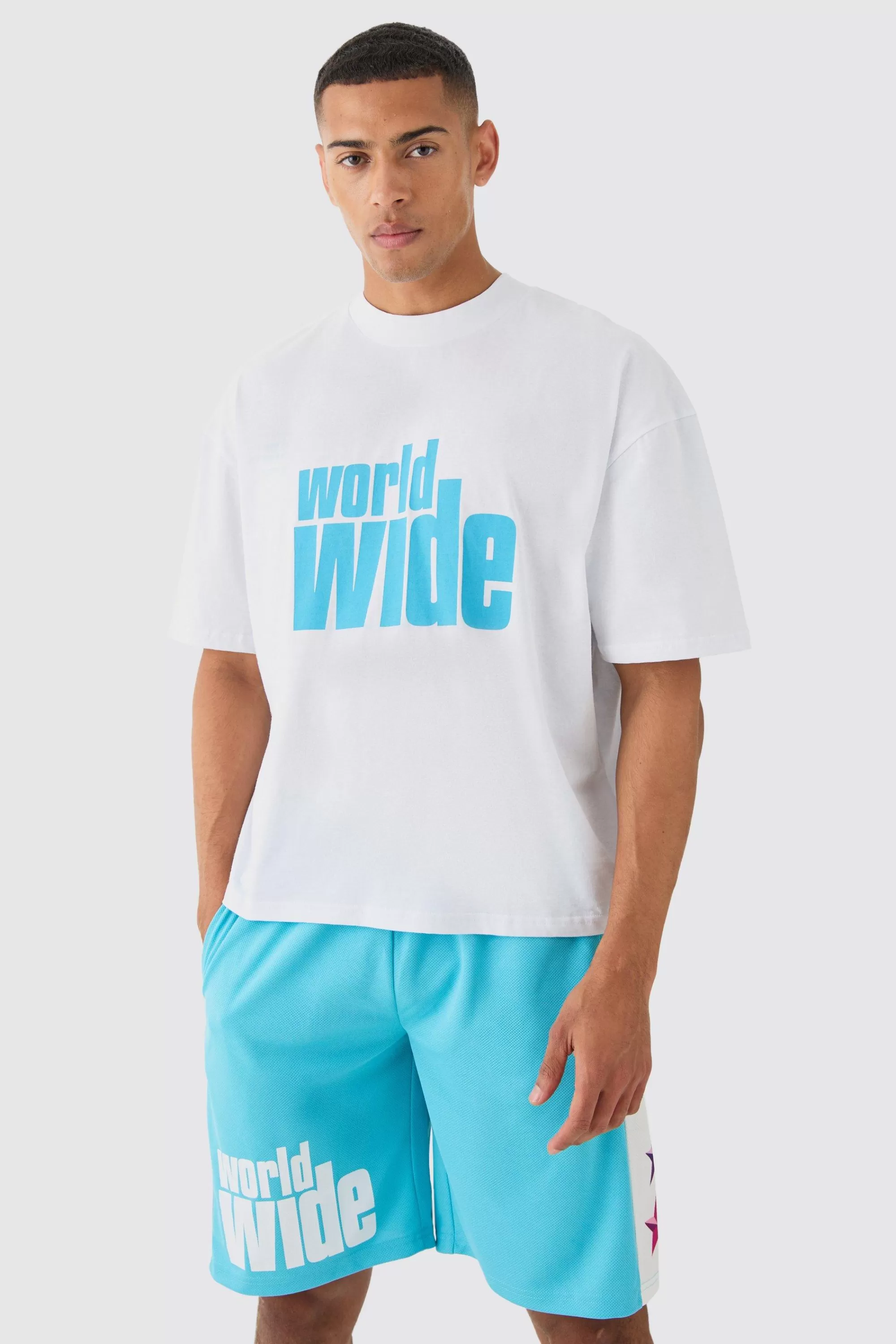 boohooMAN Oversized Boxy Extended Neck Worldwide T-shirt Mesh Shorts Set | UK