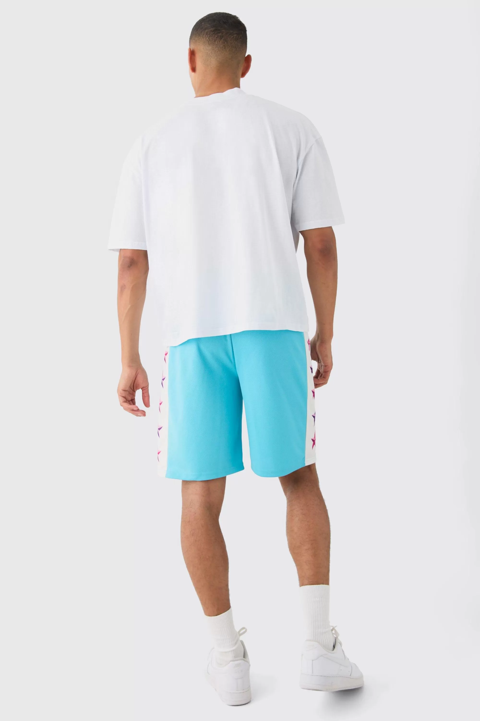 boohooMAN Oversized Boxy Extended Neck Worldwide T-shirt Mesh Shorts Set | UK