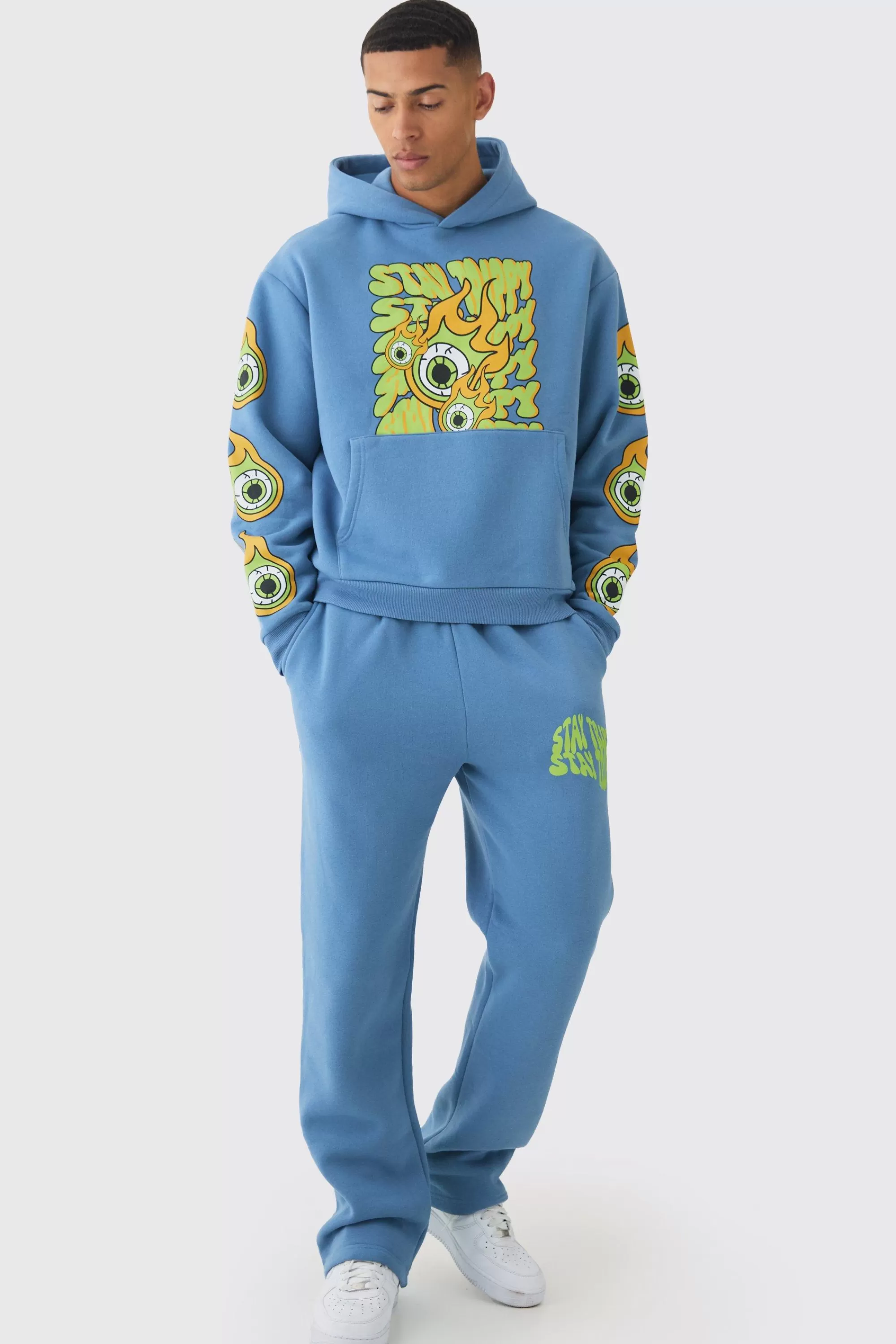 boohooMAN Oversized Boxy Eye Puff Print Graphic Hooded Tracksuit | UK