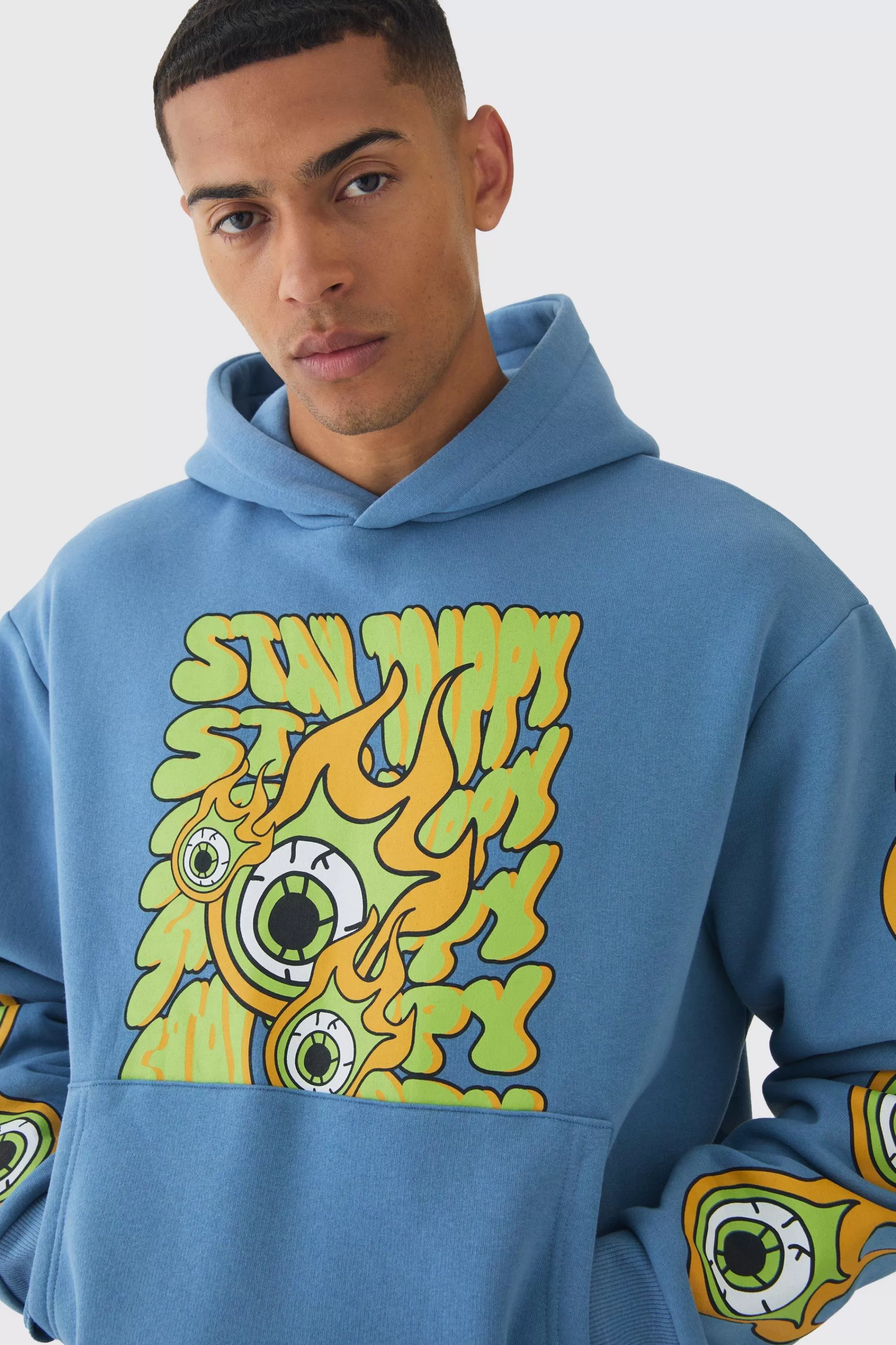 boohooMAN Oversized Boxy Eye Puff Print Graphic Hooded Tracksuit | UK