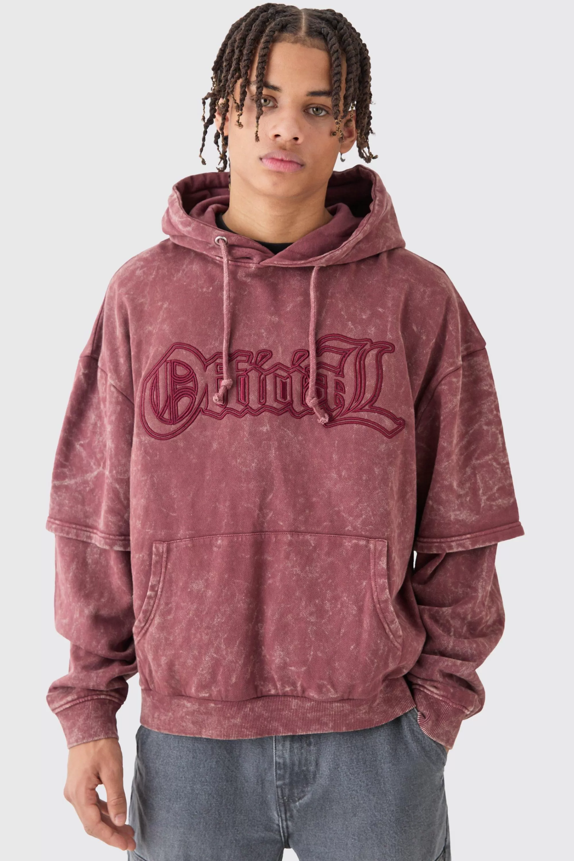 boohooMAN Oversized Boxy Faux Layer Acid Wash Ofcl Embroidered Hoodie | UK