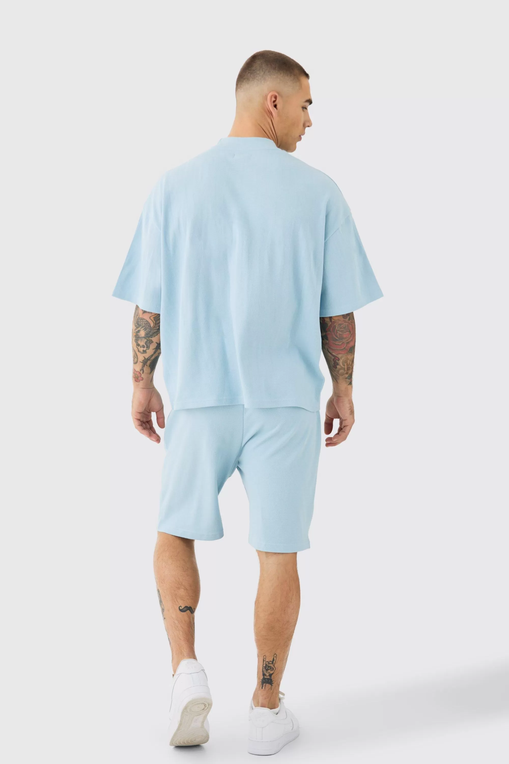 boohooMAN Oversized Boxy Fit Double Knit Mesh T-shirt & Short Set | UK