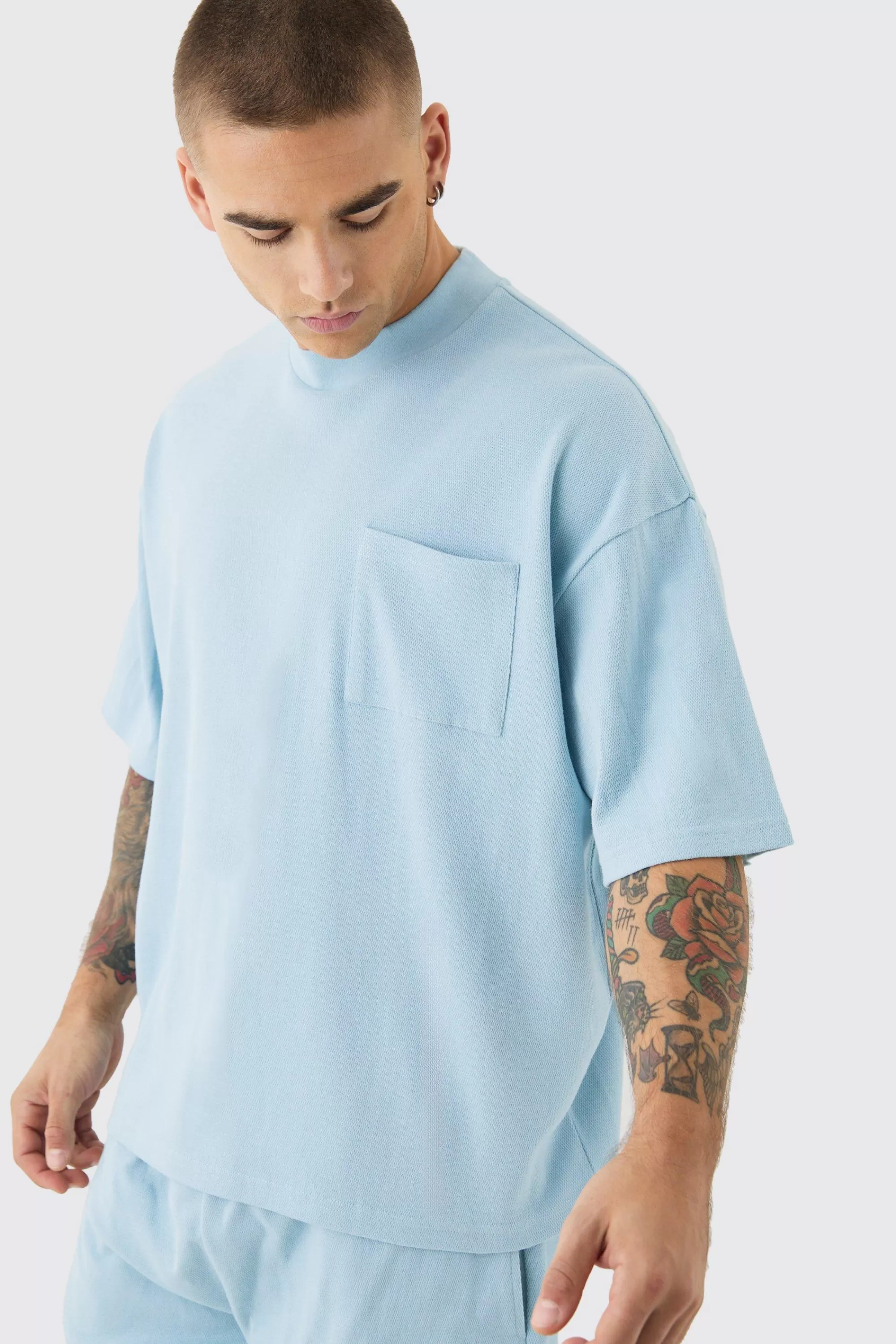 boohooMAN Oversized Boxy Fit Double Knit Mesh T-shirt & Short Set | UK