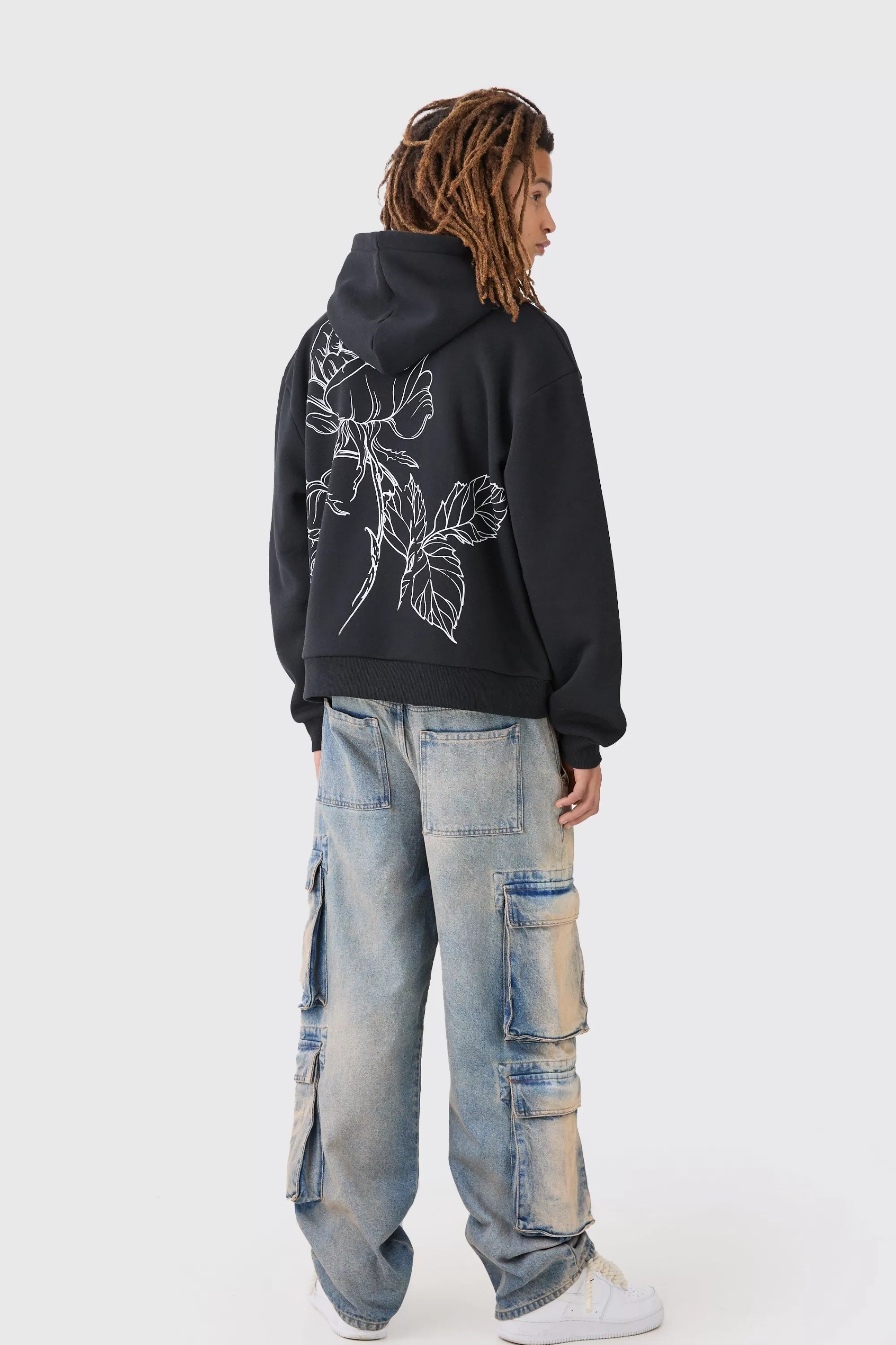 boohooMAN Oversized Boxy Floral Line Drawing Hoodie | UK