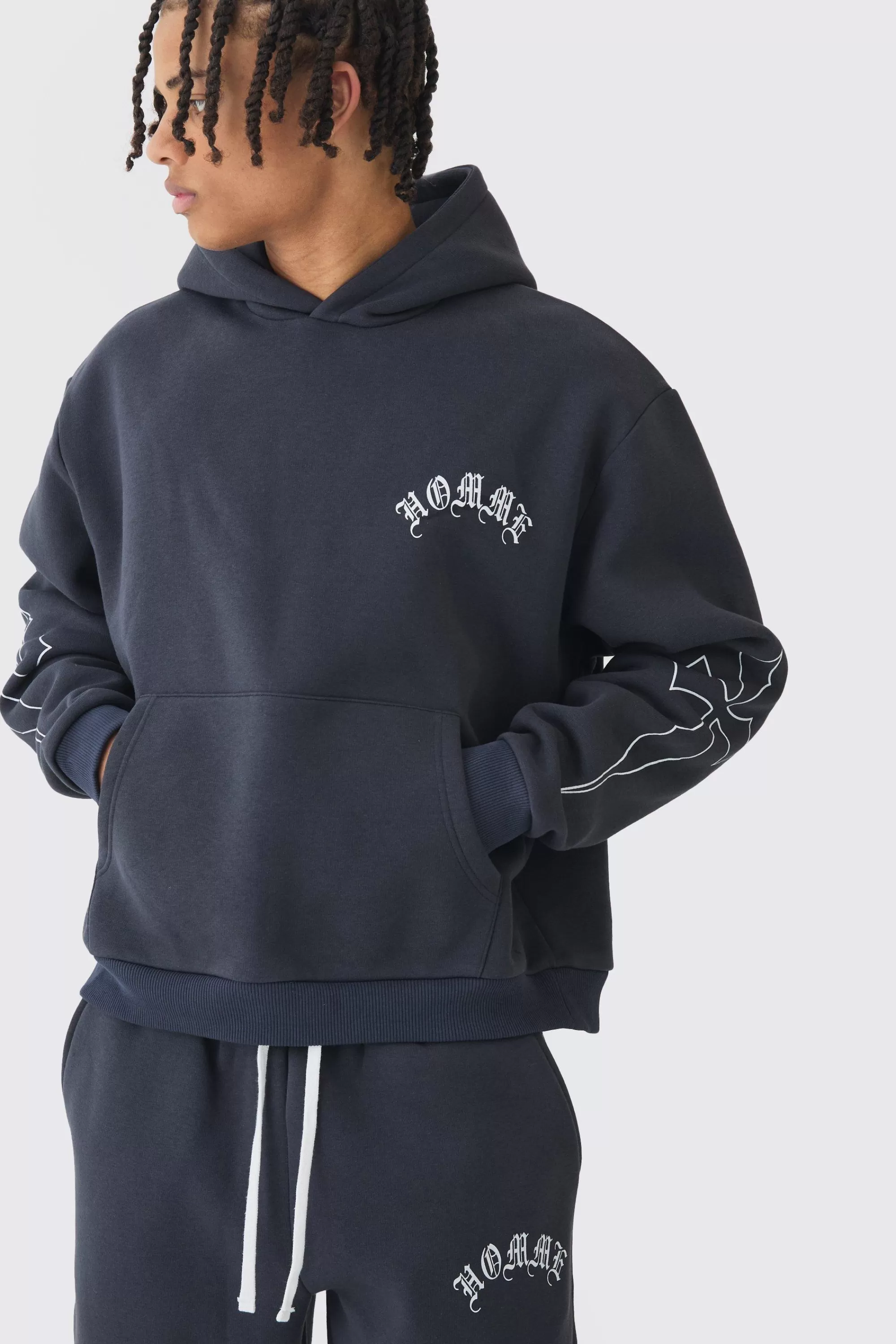 boohooMAN Oversized Boxy Gothic Homme Cross Tracksuit | UK